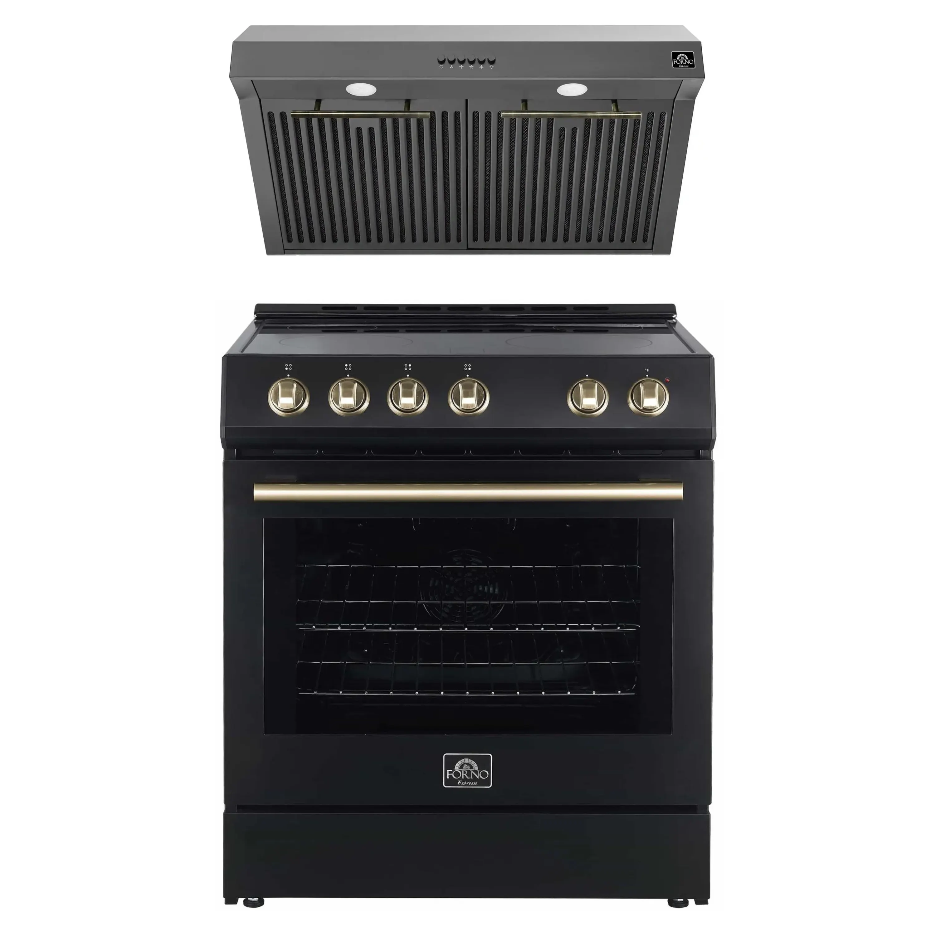 Forno Espresso 2-Piece Appliance Package - 30-Inch Electric Range with 5.0 Cu.Ft. Electric Oven and Under Cabinet Range Hood in Black with Antique Brass Trim (FBDL-002-02US)