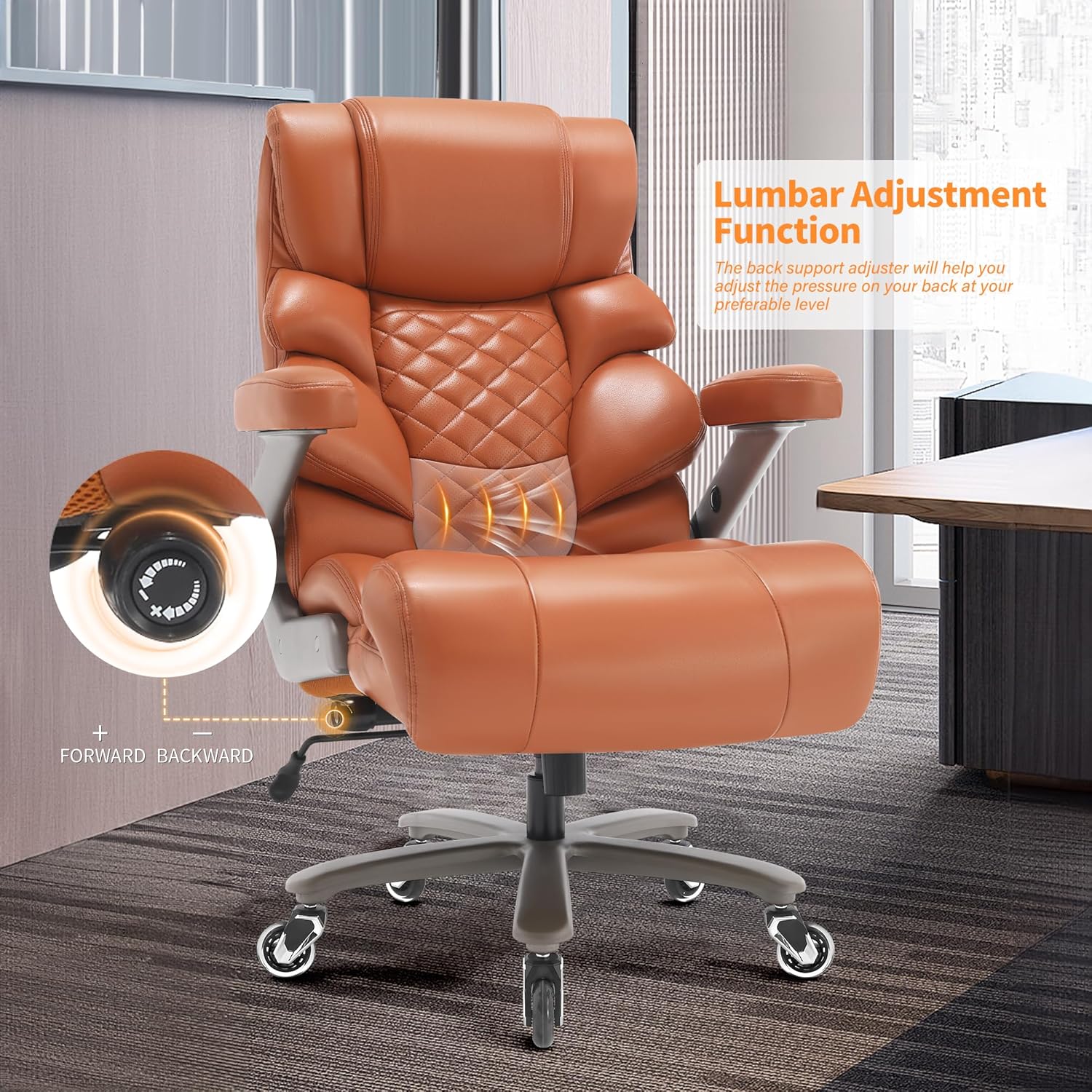 VUZI 700lbs Big and Tall Office Chair-Large Computer Chair with Adjustable Lumbar Support 3D Flip Arms Plus Size Wheels, High Back Executive Desk Chair, Heavy Duty Metal Base, Thick Padded Wide Seat