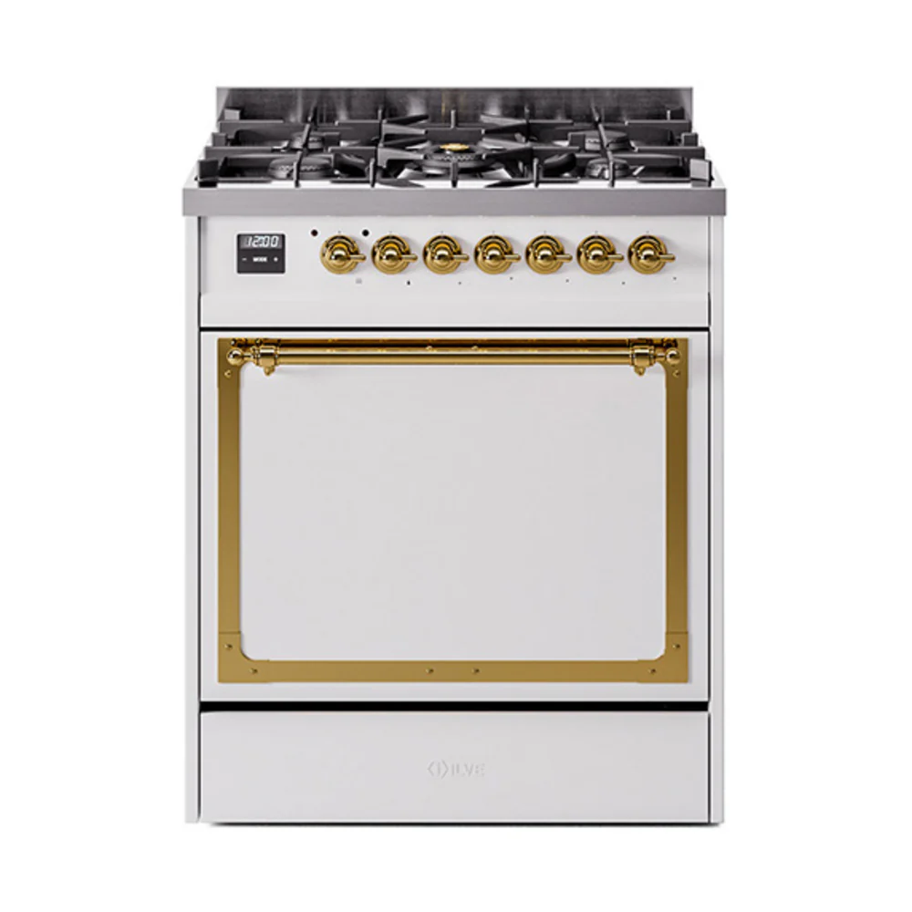 ILVE Nostalgie II Noblesse 30-Inch Dual Fuel Range with Solid Door in White with Brass Trim (UN30QNMPWHG)
