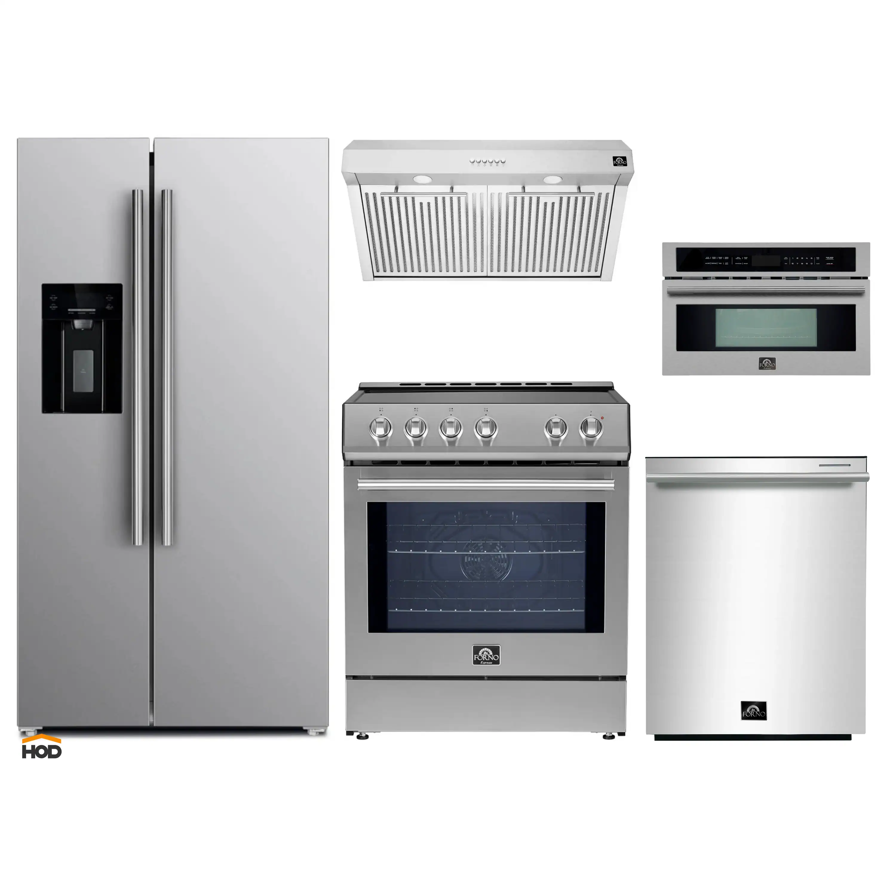 Forno 5-Piece Appliance Package - 30-Inch Induction Range, Under Cabinet Range Hood, Refrigerator with Water Dispenser, Dishwasher, and 30-Inch Microwave Drawer in Stainless Steel