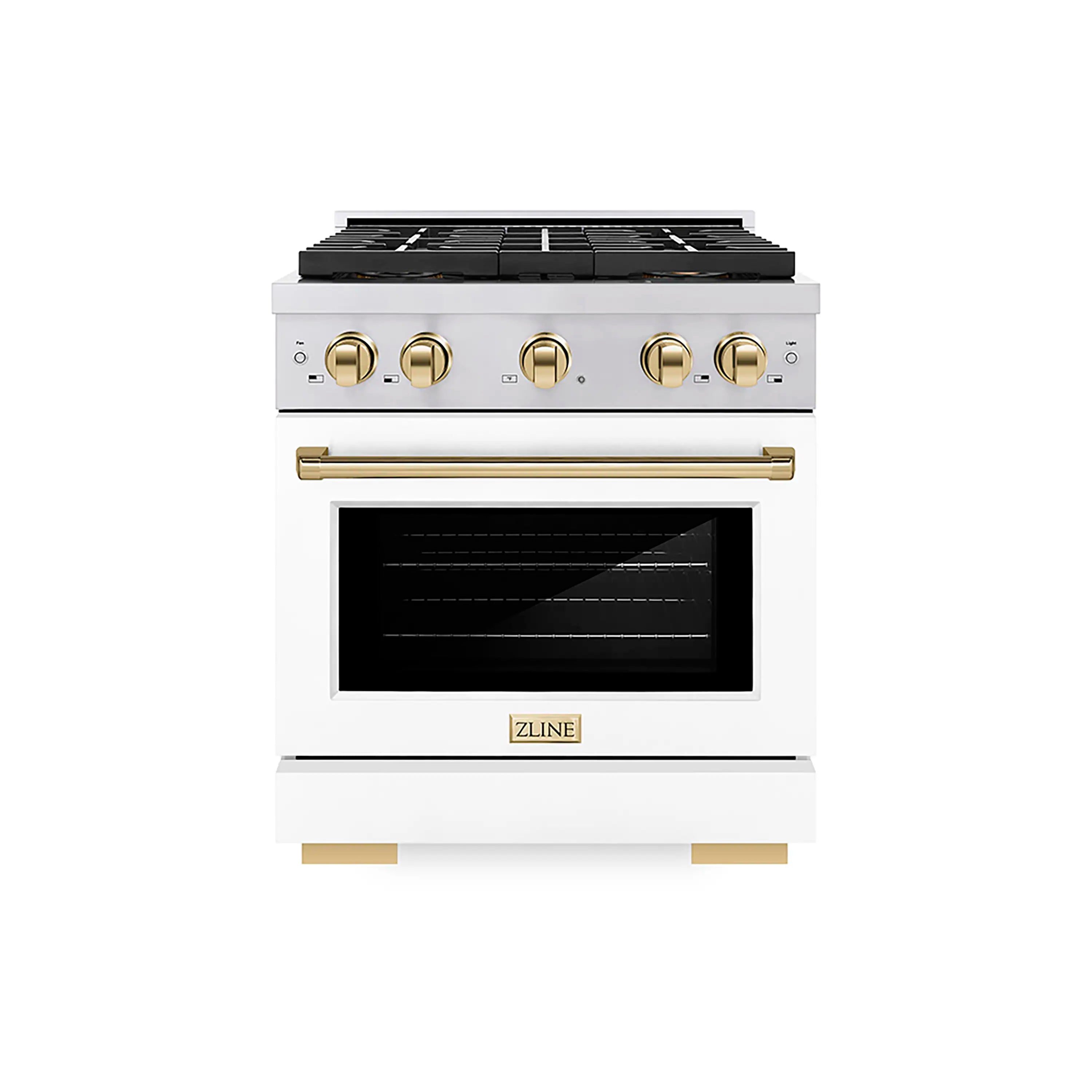 ZLINE Autograph Edition 30-Inch 4.2 cu. ft. Paramount Dual Fuel Range with 4 Burner DuoPro鈩?Cooktop and Electric Convection Oven in Stainless Steel with White Matte Door and Polished Gold Accents (PSDRZ-WM-30-G)