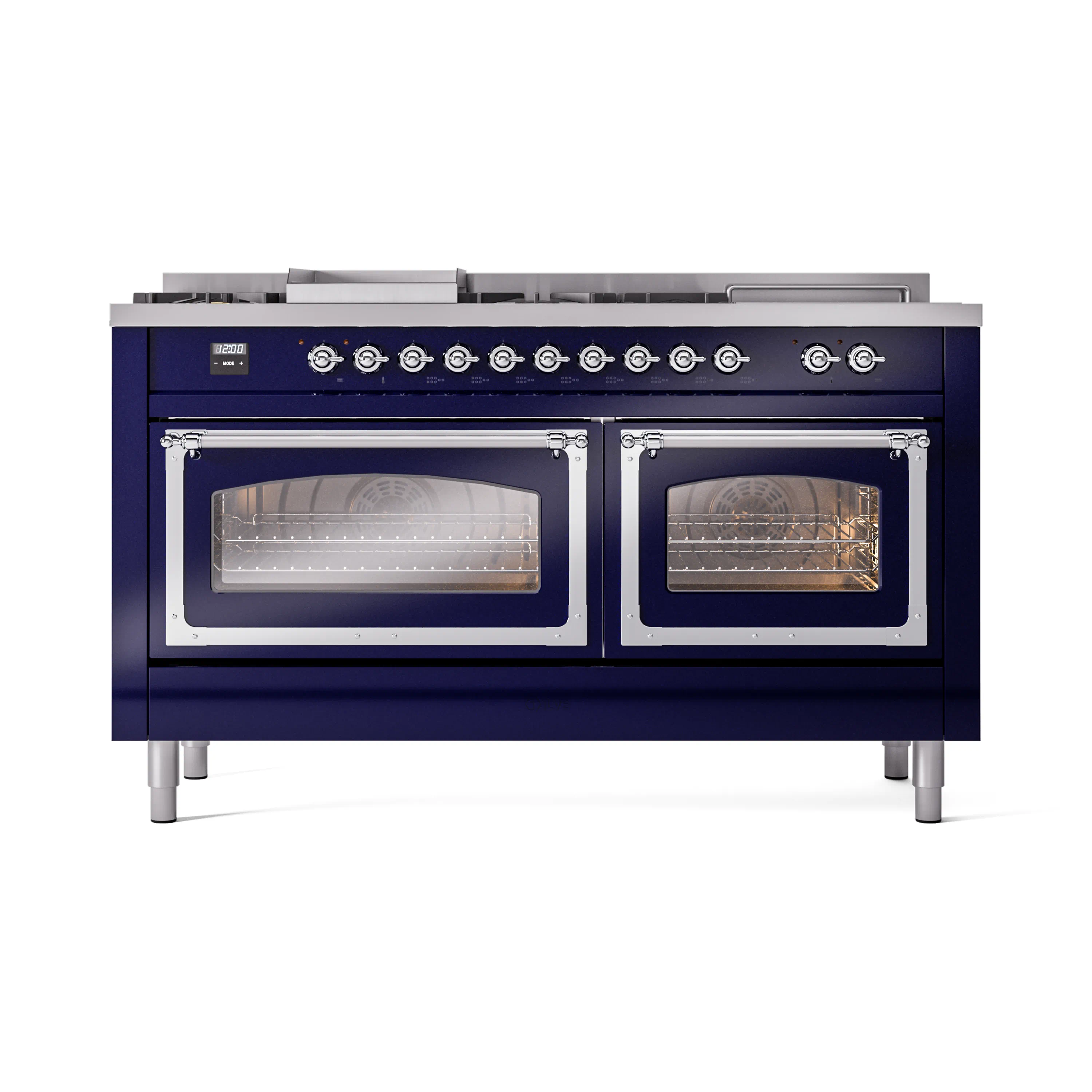 ILVE 60-Inch Nostalgie II Noblesse Dual Fuel Range with 7 Sealed Burners, Griddle, French Top, and Triple Glass Door Oven in Midnight Blue with Chrome Trim (UN60FSNMPMBC)