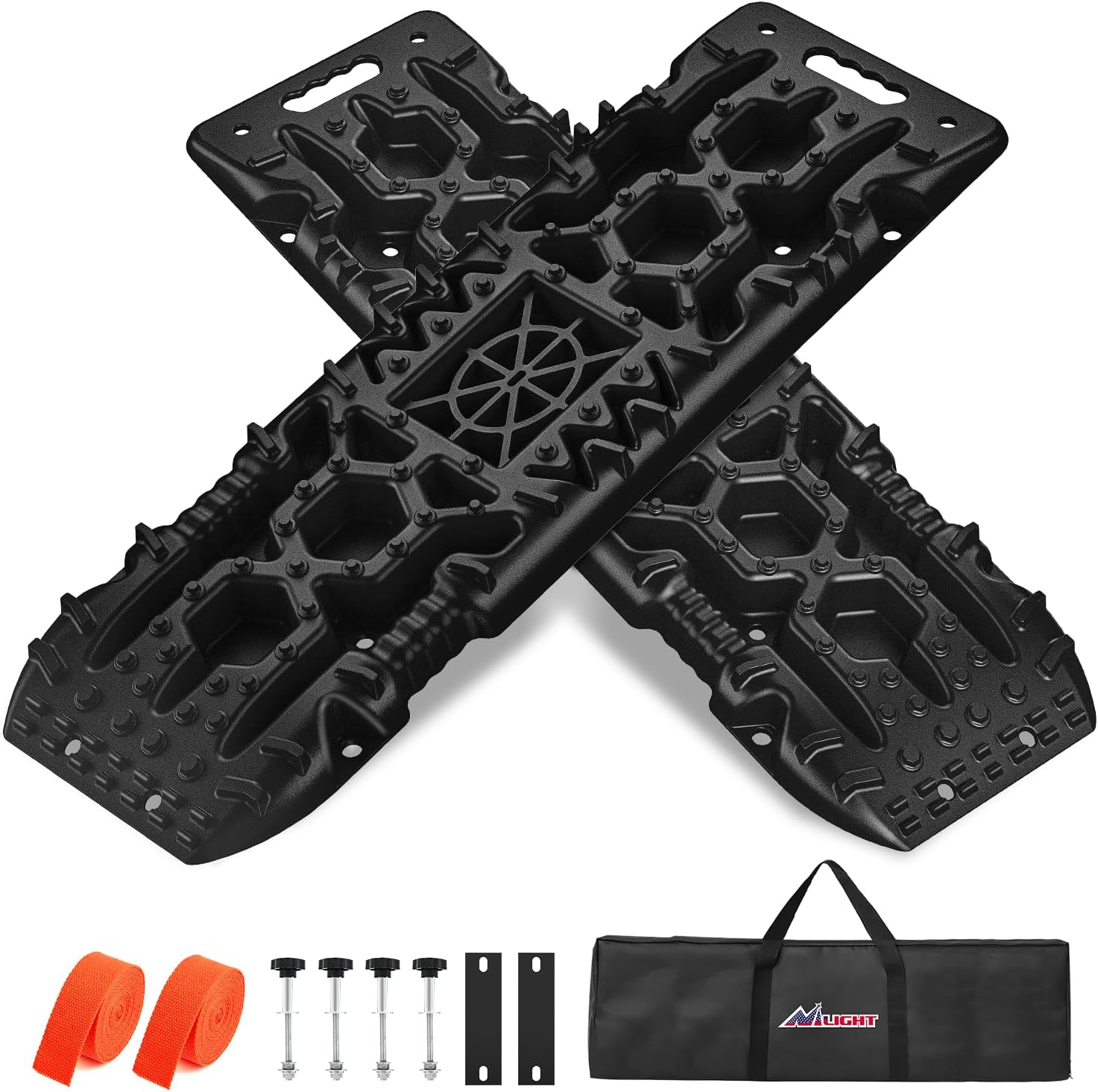 Nilight Recovery Off-Road Traction Boards with Jack Lift Base Emergency Tire Ladder Mats for 4WD 4X4 Mud Sand Snow with 2PCS Mounting kit Carry Bag 2 leashes (Black)