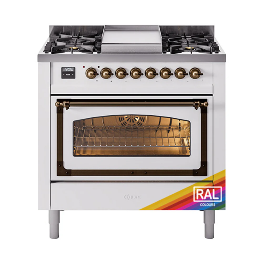 ILVE Nostalgie II Noblesse 36-Inch Dual Fuel Range and Triple Glass Door in Custom RAL with Bronze Trim (UN36FNMPRAB)