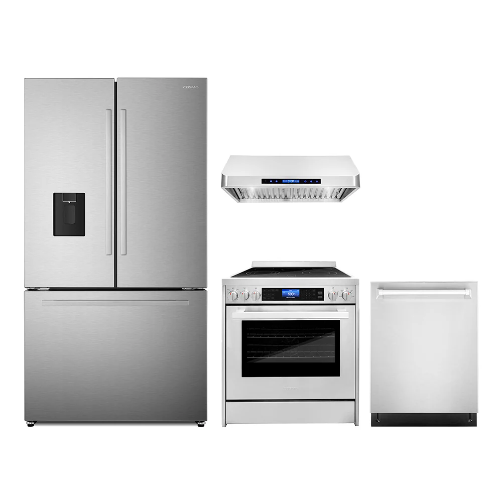 Cosmo 4-Piece Appliance Package - 30-Inch Electric Range, Under Cabinet Range Hood, Dishwasher and Refrigerator with Water Dispenser in Stainless Steel (COS-4PKG-631)
