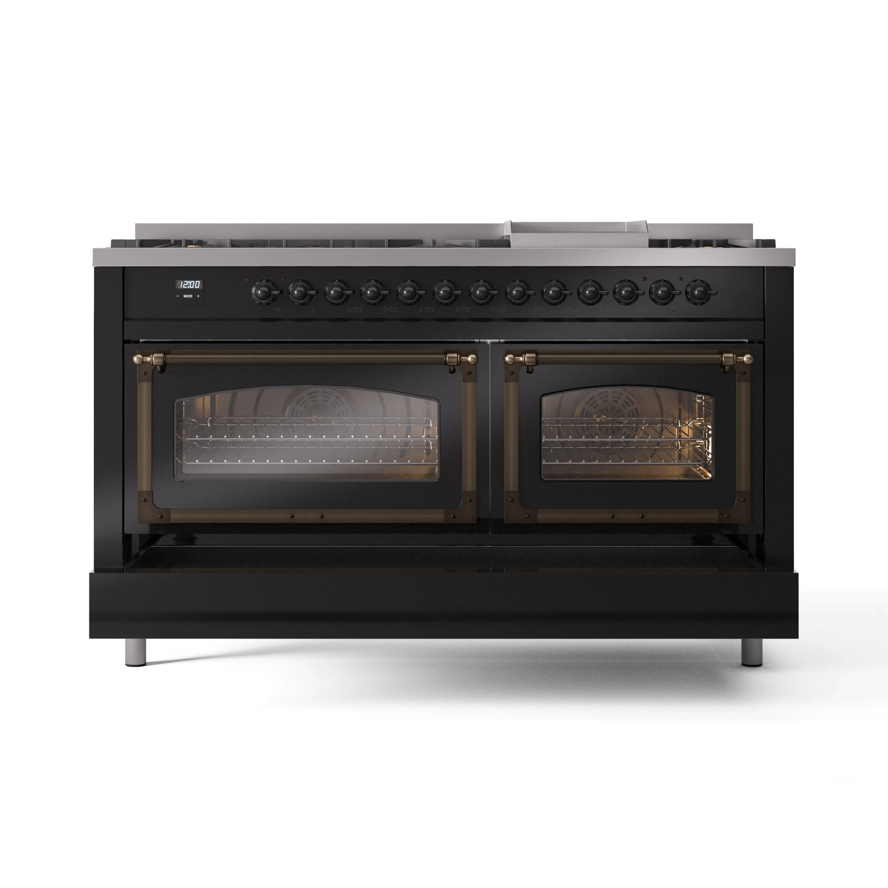 ILVE 60-Inch Nostalgie II Noblesse Dual Fuel Range with 9 Sealed Burners, Griddle, Triple Glass Door Oven in Glossy Black with Bronze Trim (UN60FNMPBKB)