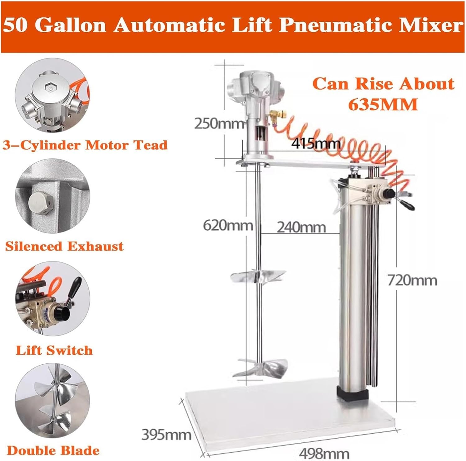 50 Gallon Pneumatic Paint Mixer, Air Agitator, Paint Stirring Machine with Stand,Stepless Speed Adjustment, for Viscous Liquid Ink Dye