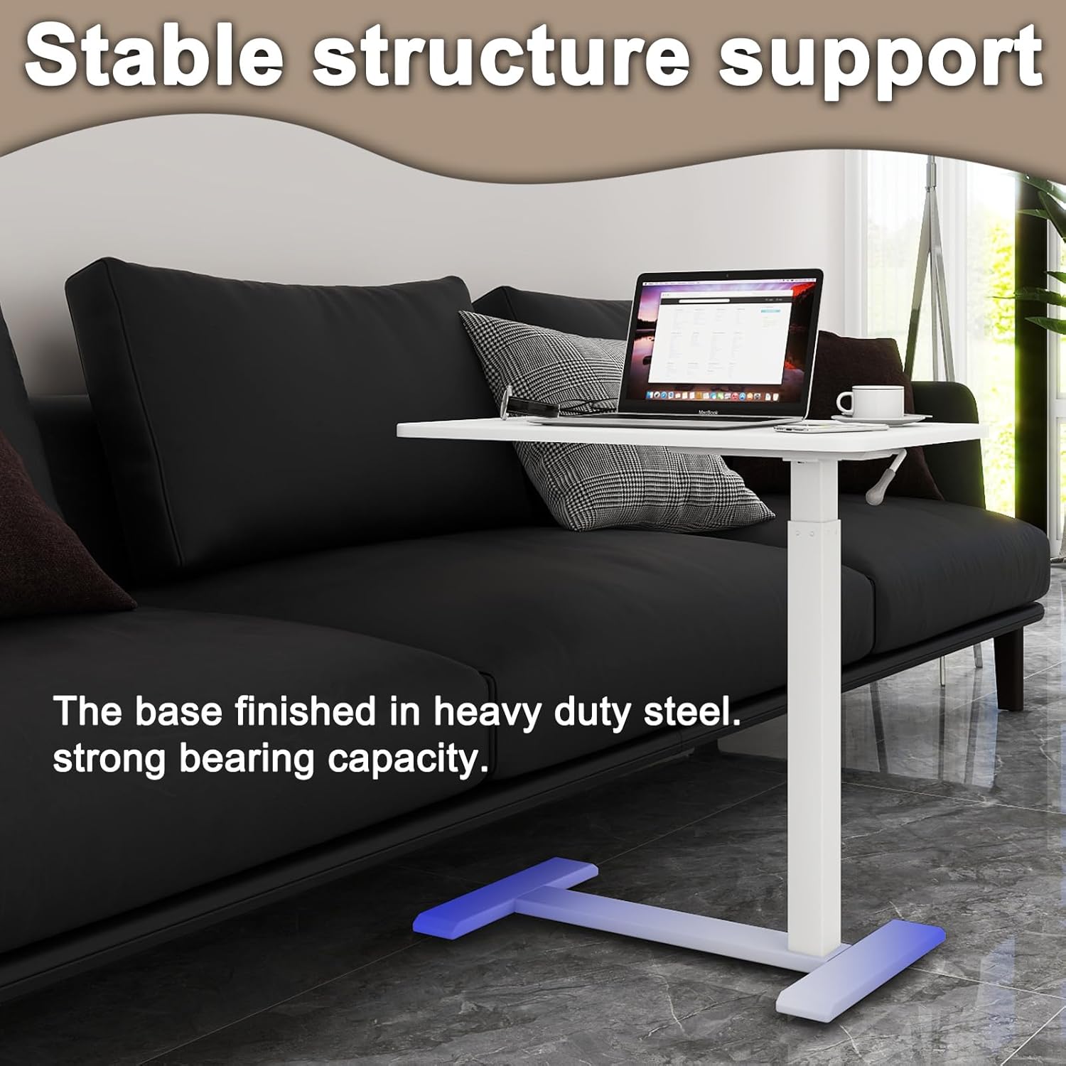 PUNCIA Medical Overbed Table with Pneumatic Lift and Hidden Casters Mobile Laptop Desk and Rolling Computer Cart – Height Adjustable Bedside Table for Hospital Recovery Home Office or Bedroom Use