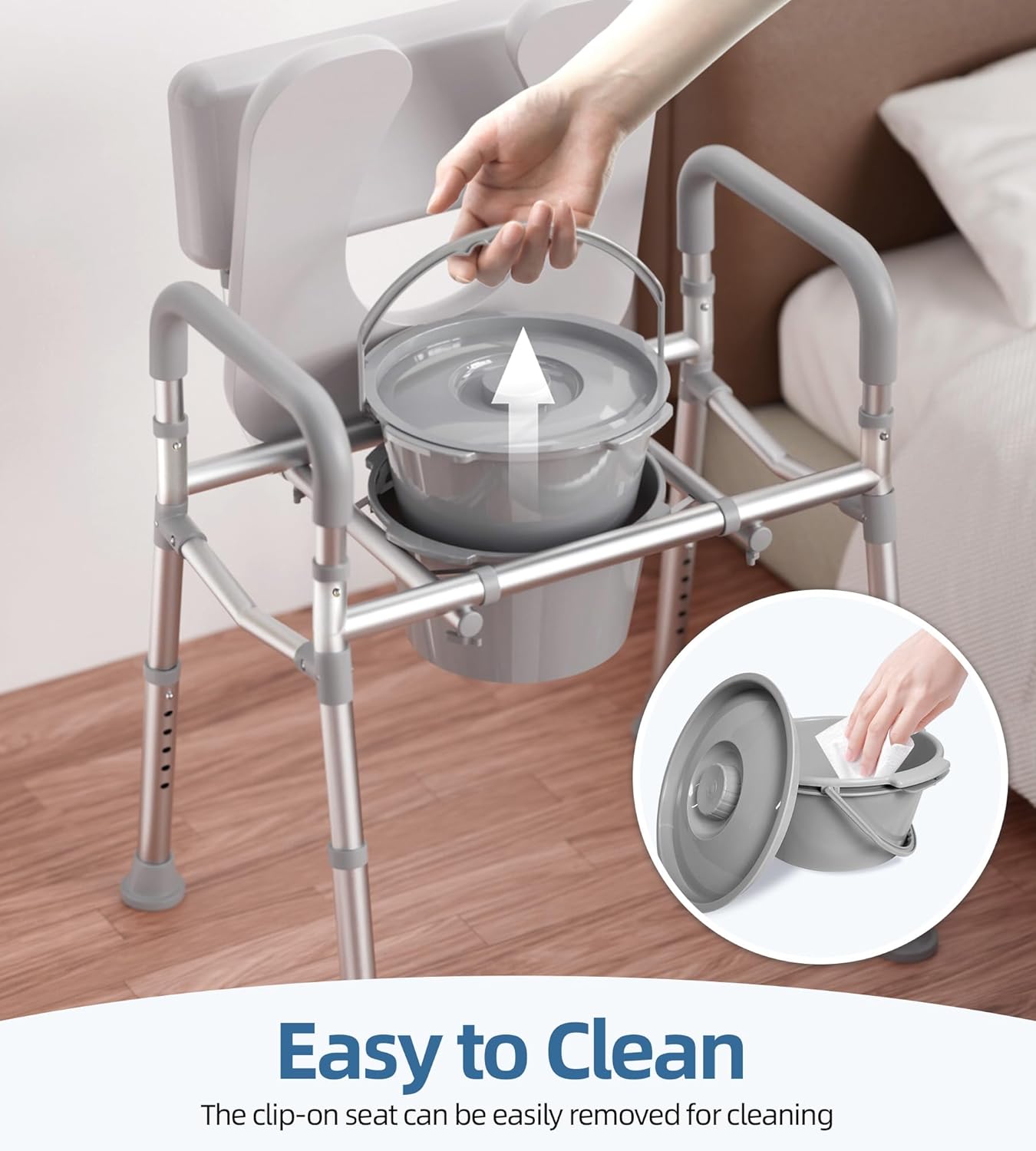 HOMLAND Bedside Commode with Padded Seat and Backrest, Aluminum Commode Toilet with Bucket, Easy Cleaning Portable Toilet for Adults and Seniors, 350 lb Capacity Enhanced Crossbar