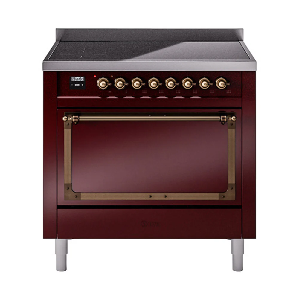 ILVE Nostalgie II Noblesse 36-Inch Induction Range with Solid Door in Burgundy with Bronze Trim (UNI366QNMPBUB)