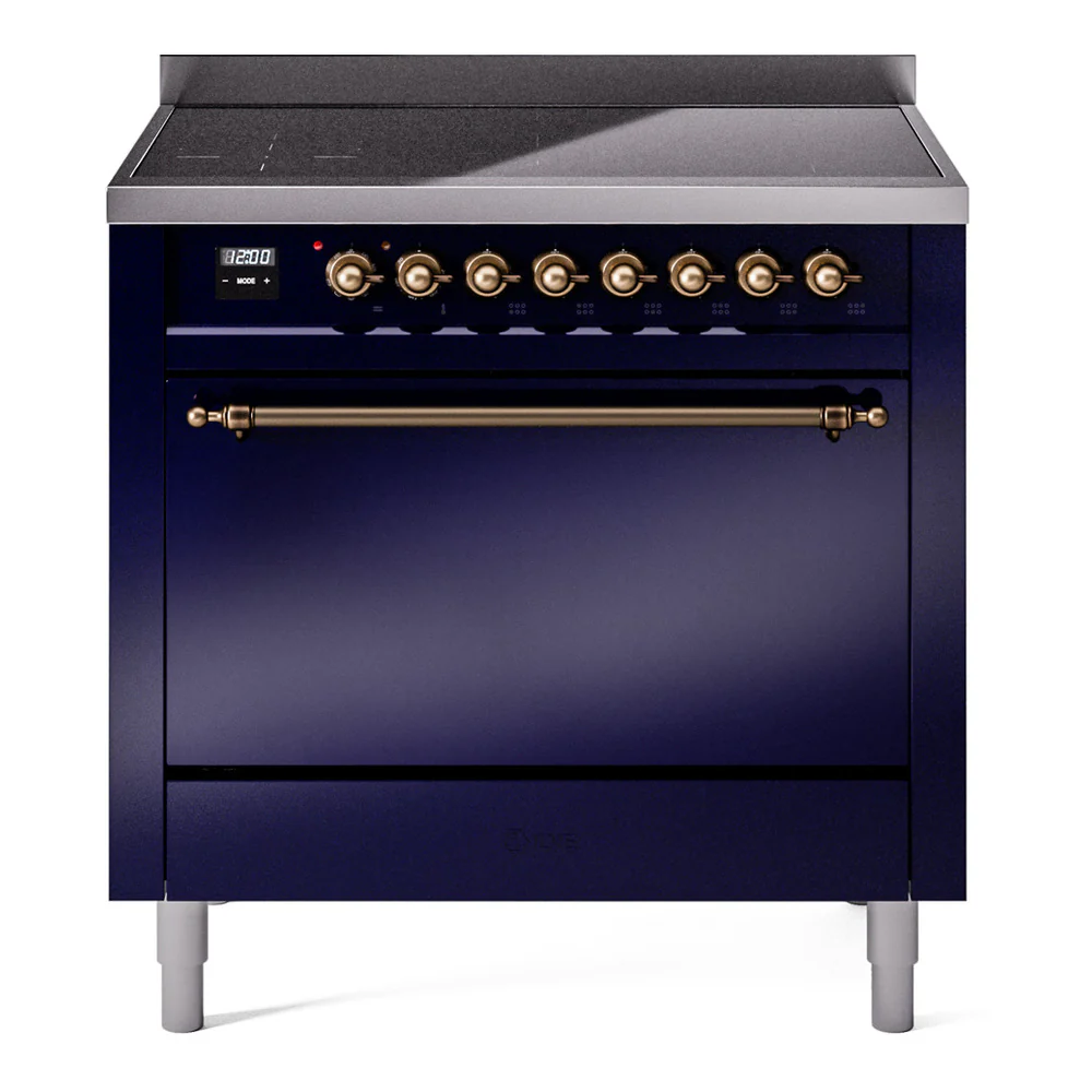 ILVE 36-Inch Nostalgie II Induction Range with Solid Door Oven in Midnight Blue with Bronze Trim (UPI366QNMPMBB)