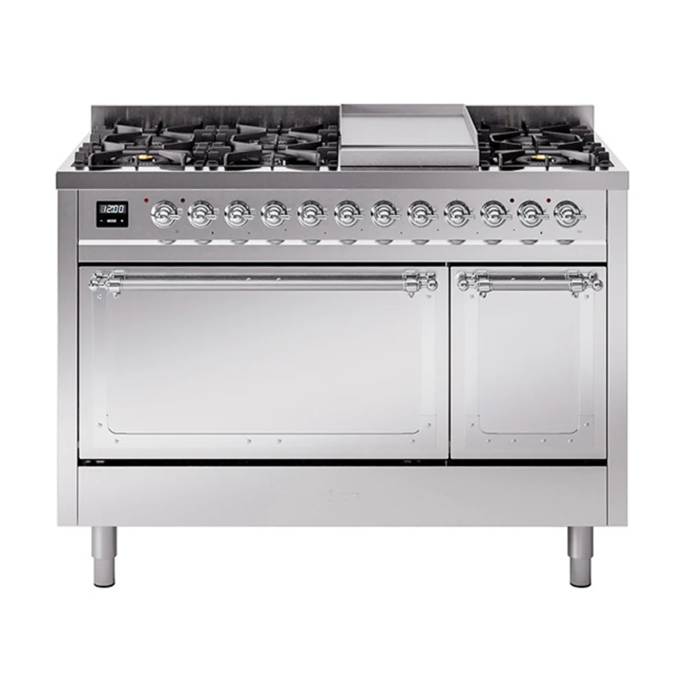 ILVE Nostalgie II Noblesse 48-Inch Dual Fuel Freestanding Range with Solid Door Oven in Stainless Steel with Chrome Trim (UN48FQNMPSSC)