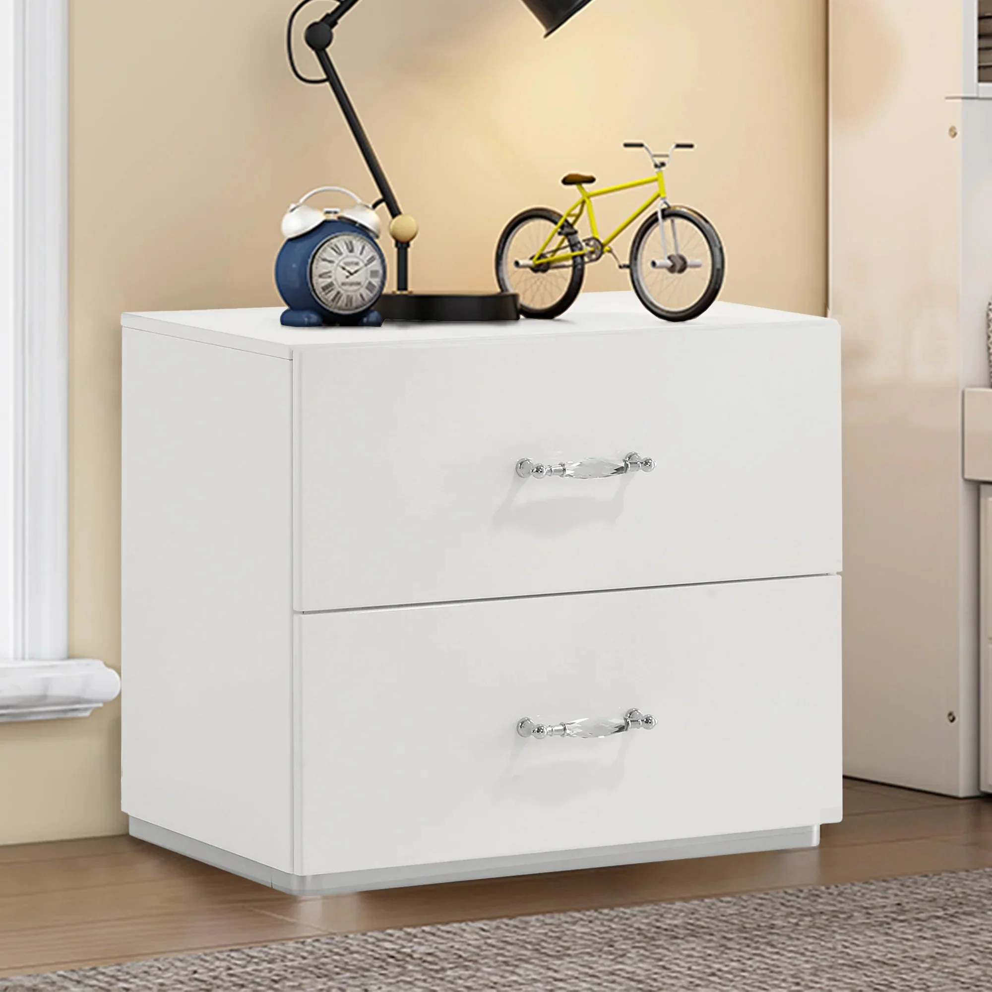 Parrot Uncle Stoholm Nightstand with 2-Drawer in Modern White & Chrome Handles (FM72000WH-N-PU)
