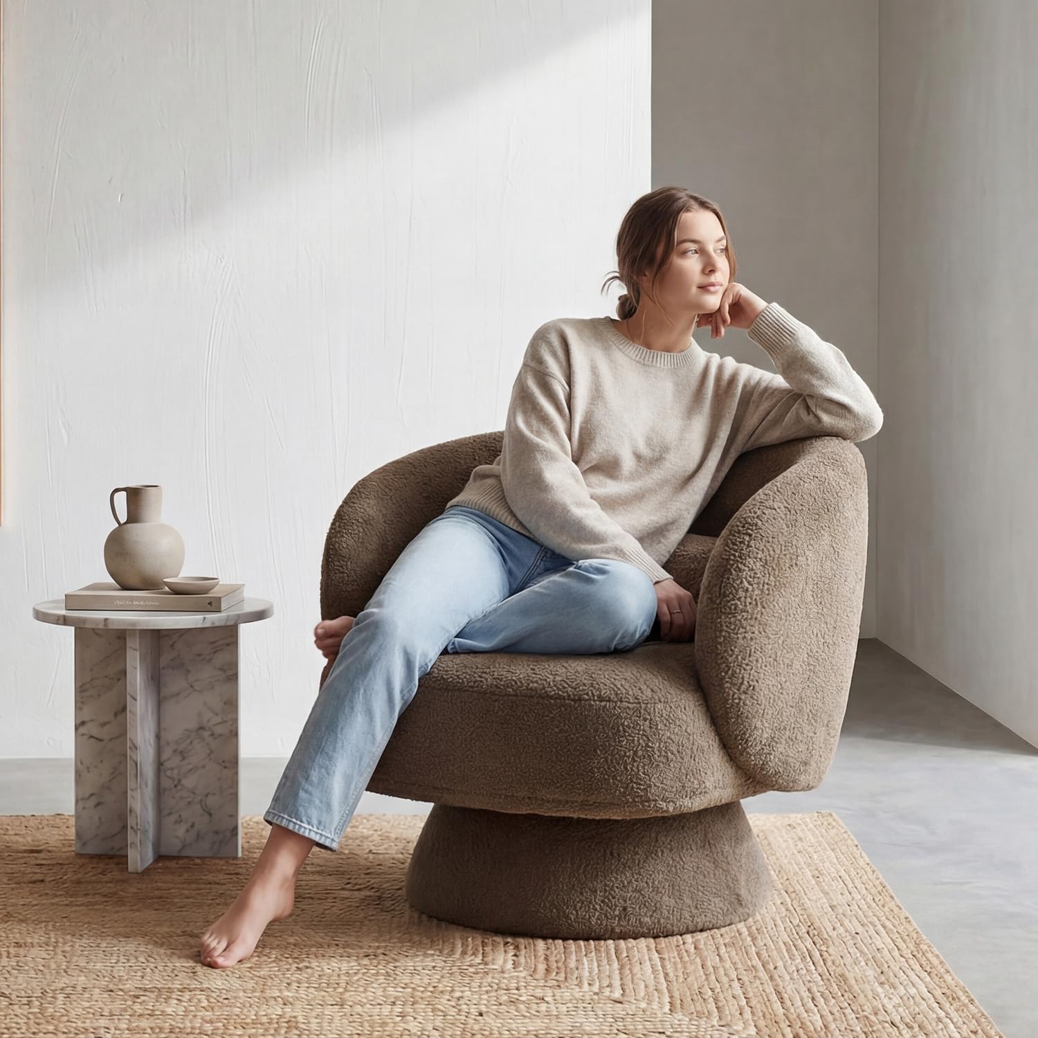 Swivel Accent Chair, Modern 360 Degree Swivel Barrel Chair with Arms & Curved Back and Lumbar Support Cushion, Comfy Round Single Boucle Sofa for Small Space, Living Room, Bedroom, Brown