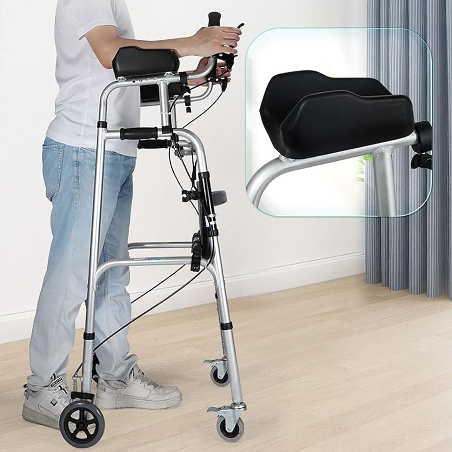 Wheel Walking Frame 2 in 1 Walker for Seniors with Armrest with Armrest Support Pad and Handbrake Foldable Standard Walker Thick Aluminum Alloy Rehabilitation Auxiliary Walking Frame