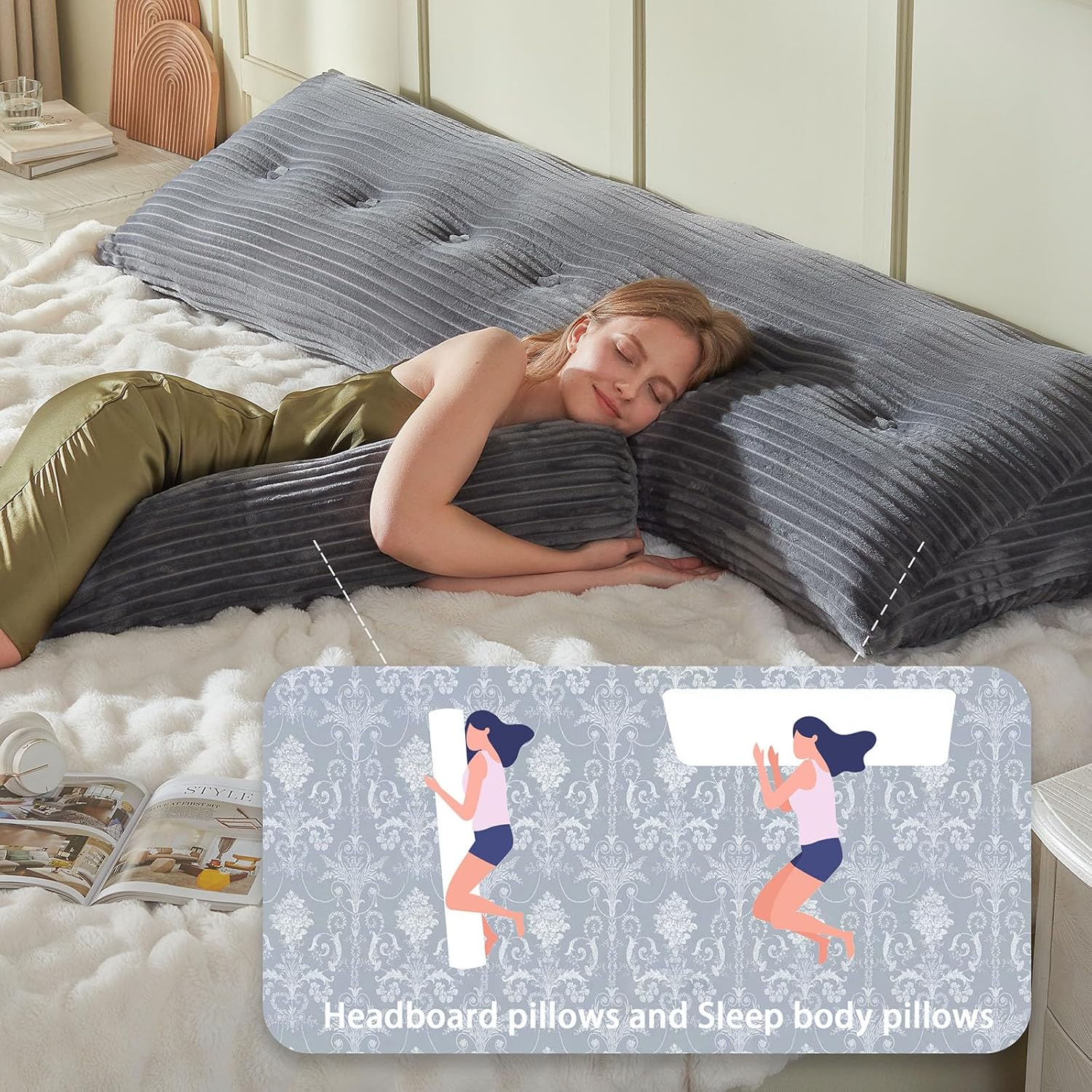 Headboard Wedge Pillow + A Long Neck Roll Pillow Body Pillow，Large Headboard Pillow with Removable Cover (Gray, King：76x8x20 inches)