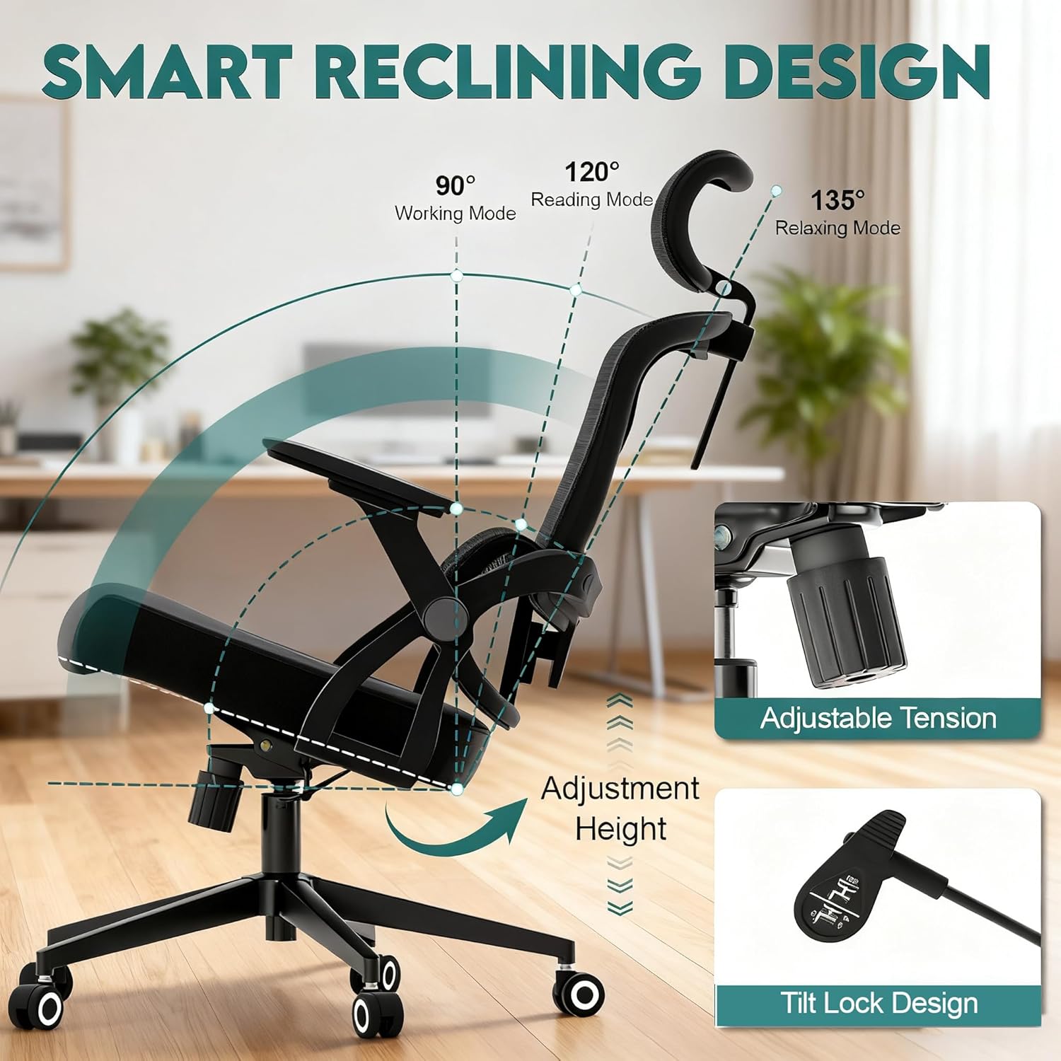 Ergonomic Office Chair - 400LB Comfy Desk Chairs with Adjustable Headrest and Lumbar Back Support, Mesh Computer Chairs with Wheels and Arms for Home Office, Study (218Black-With Headrest-New)