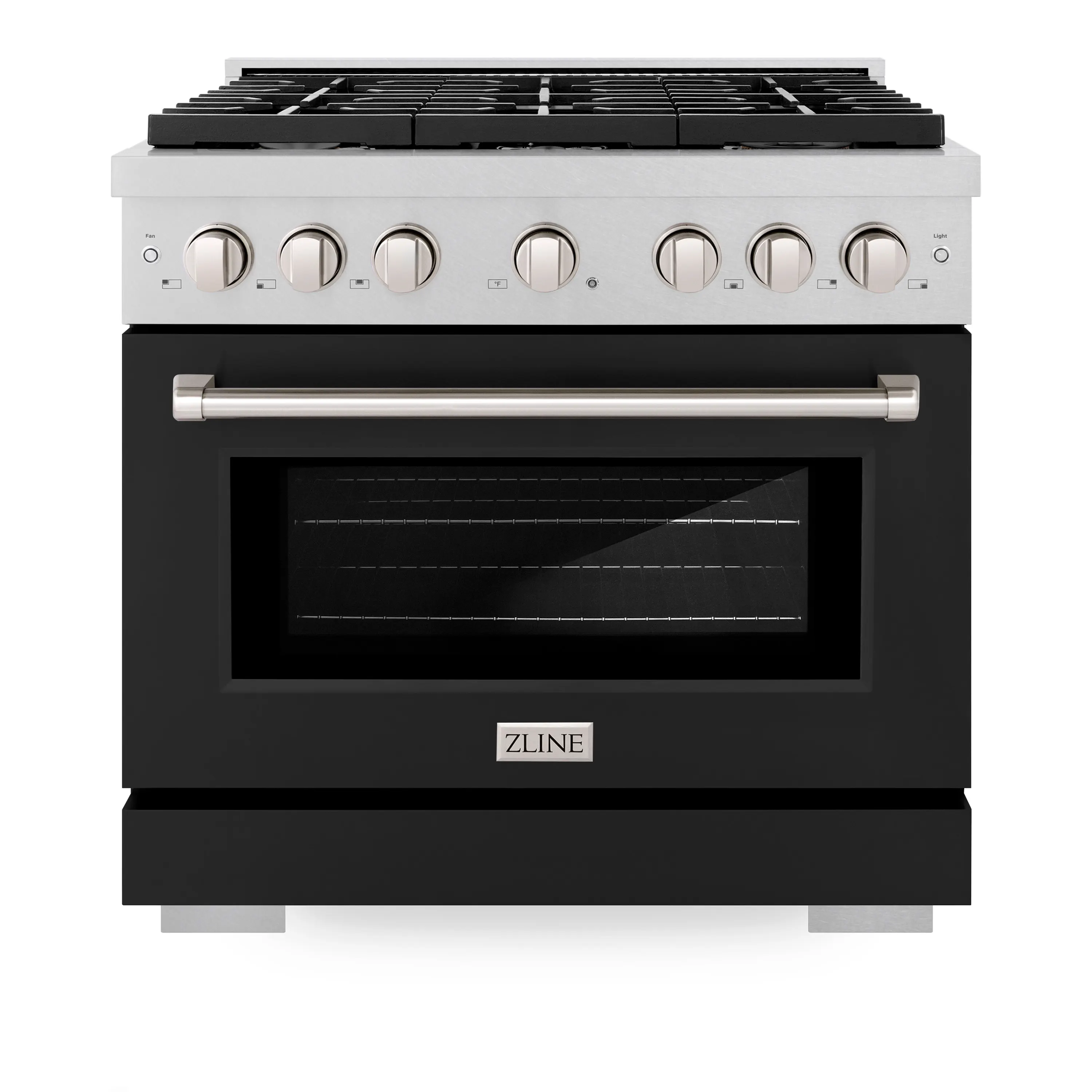 ZLINE 36-Inch 5.2 cu. ft. Paramount Dual Fuel Range with 6 Burner Gas Cooktop and Electric Convection Oven in Satin Stainless Steel with Black Matte Door (SDRS-BLM-36)