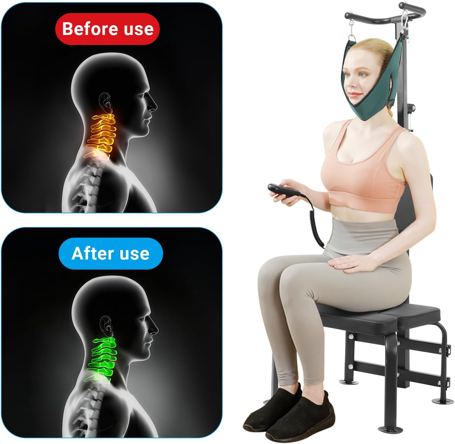 Cervical Traction Device, 6000N 55W Neck Stretcher Exerciser with Chair, Electric Neck Stretcher Cervical Traction for Home, Rehabilitation Centers, Sanatoriums, 7.87in Lifting Distance