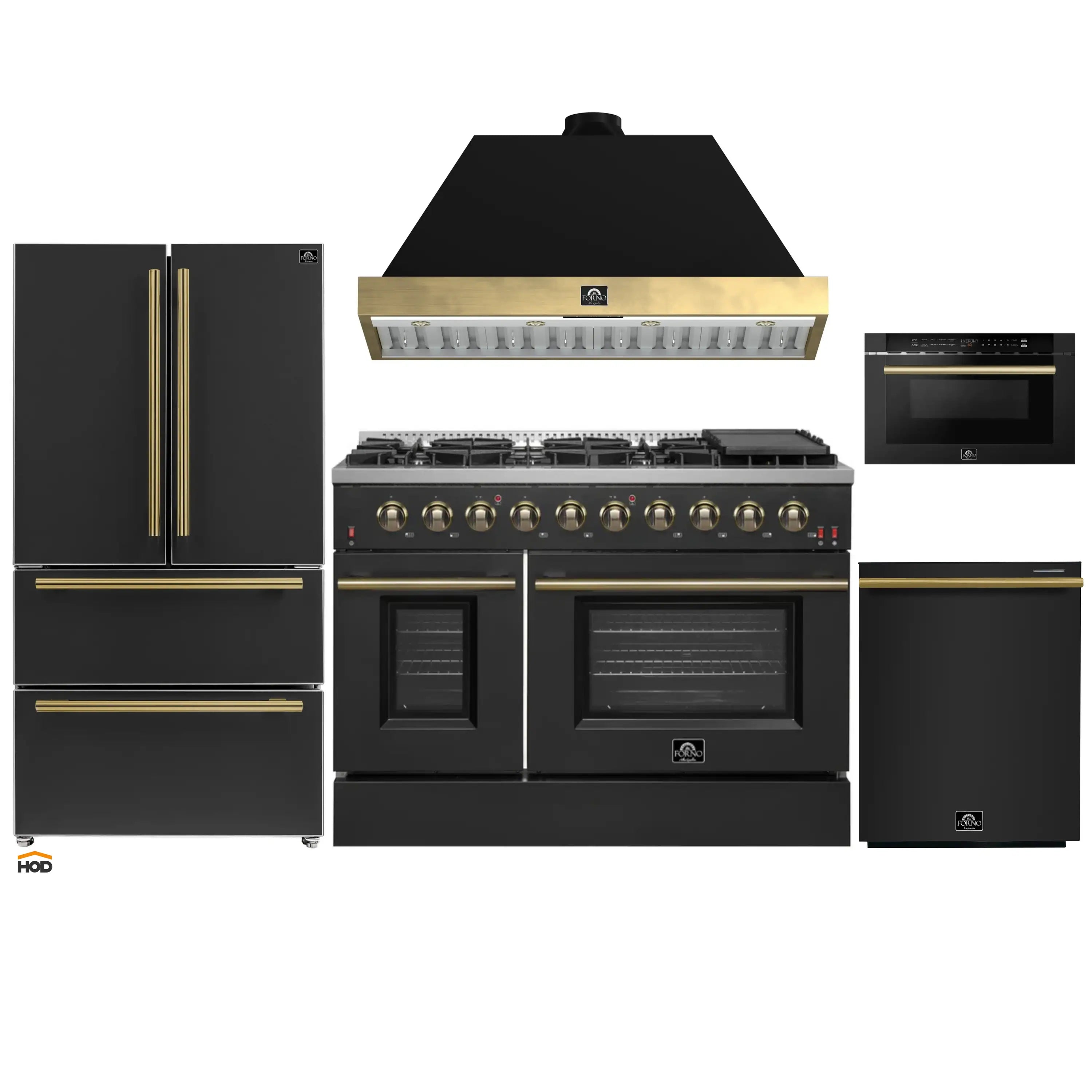 Forno Galiano 5-Piece Appliance Package - 48-Inch Gas Range, 48-Inch Hood, 36-Inch Refrigerator, 24-Inch Dishwasher, & 24-Inch Microwave Drawer in Black with Antique Brass Trim
