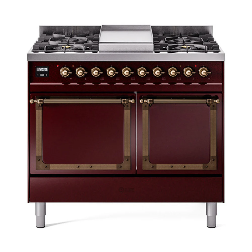 ILVE 40-Inch Nostalgie II Noblesse Dual Fuel Range with Solid Door Oven in Burgundy with Bronze Trim (UND40FQNMPBUB)