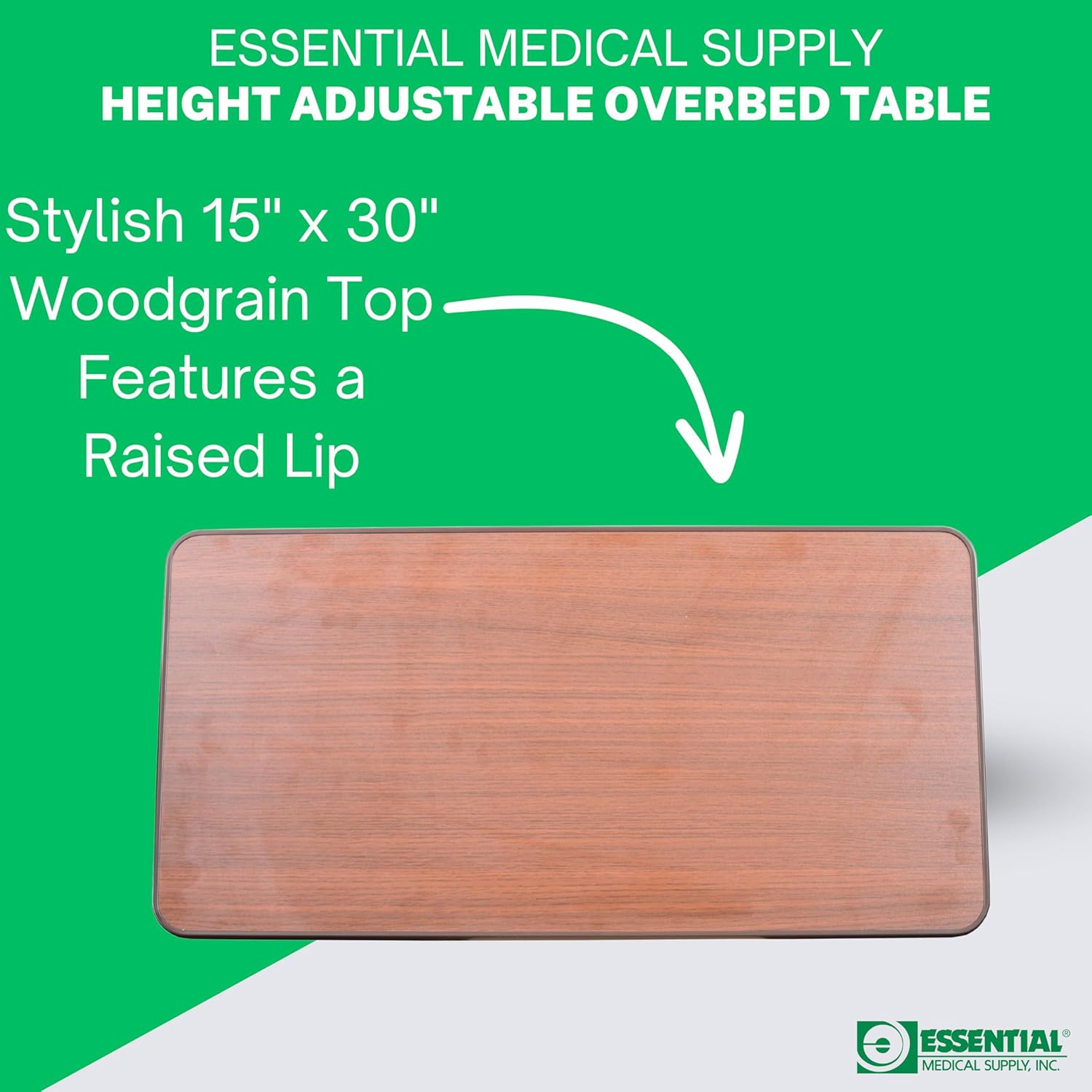 Essential Medical Supply Height Adjustable Automatic Overbed Table - Woodgrain Top with Locking Wheels, Perfect for Hospital and Home Use - Table for Easy Access and Convenience for Adults and Seniors