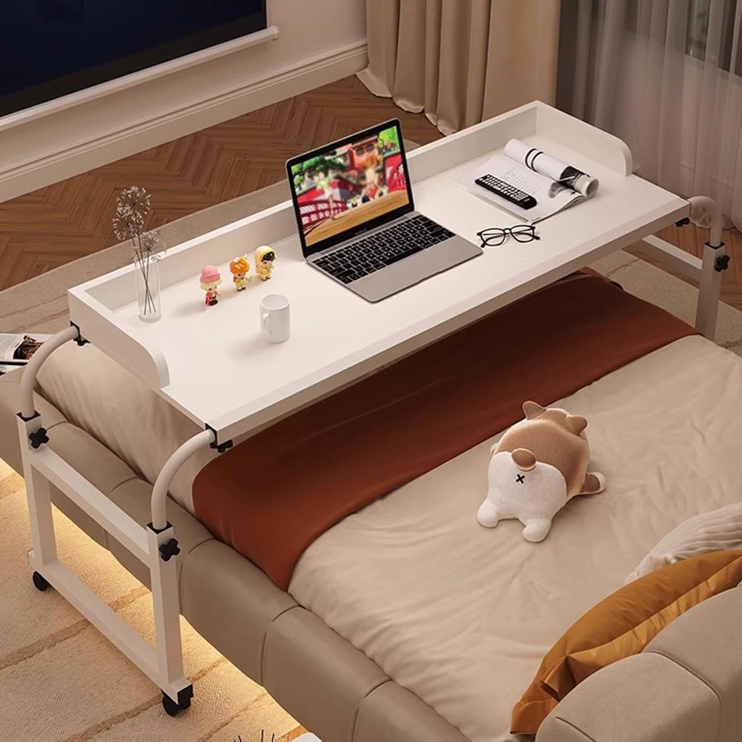 Adjustable Bedside Table with Wheels, Overbed Table Laptop, Food Tray Desk Rolling Medical Table, Height and Width Adjustable