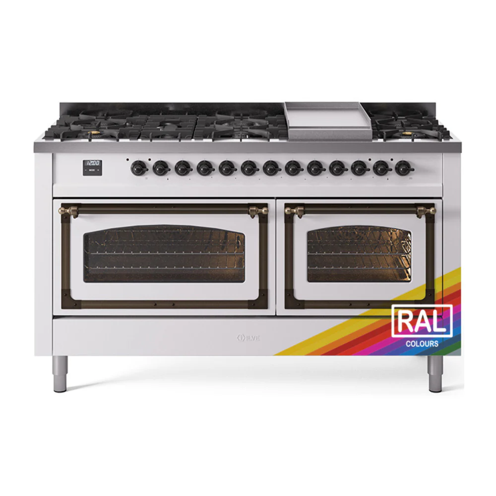 ILVE 60-Inch Nostalgie II Noblesse Dual Fuel Range with 9 Sealed Burners, Griddle, Triple Glass Door Oven in Custom RAL with Bronze Trim (UN60FNMPRAB)