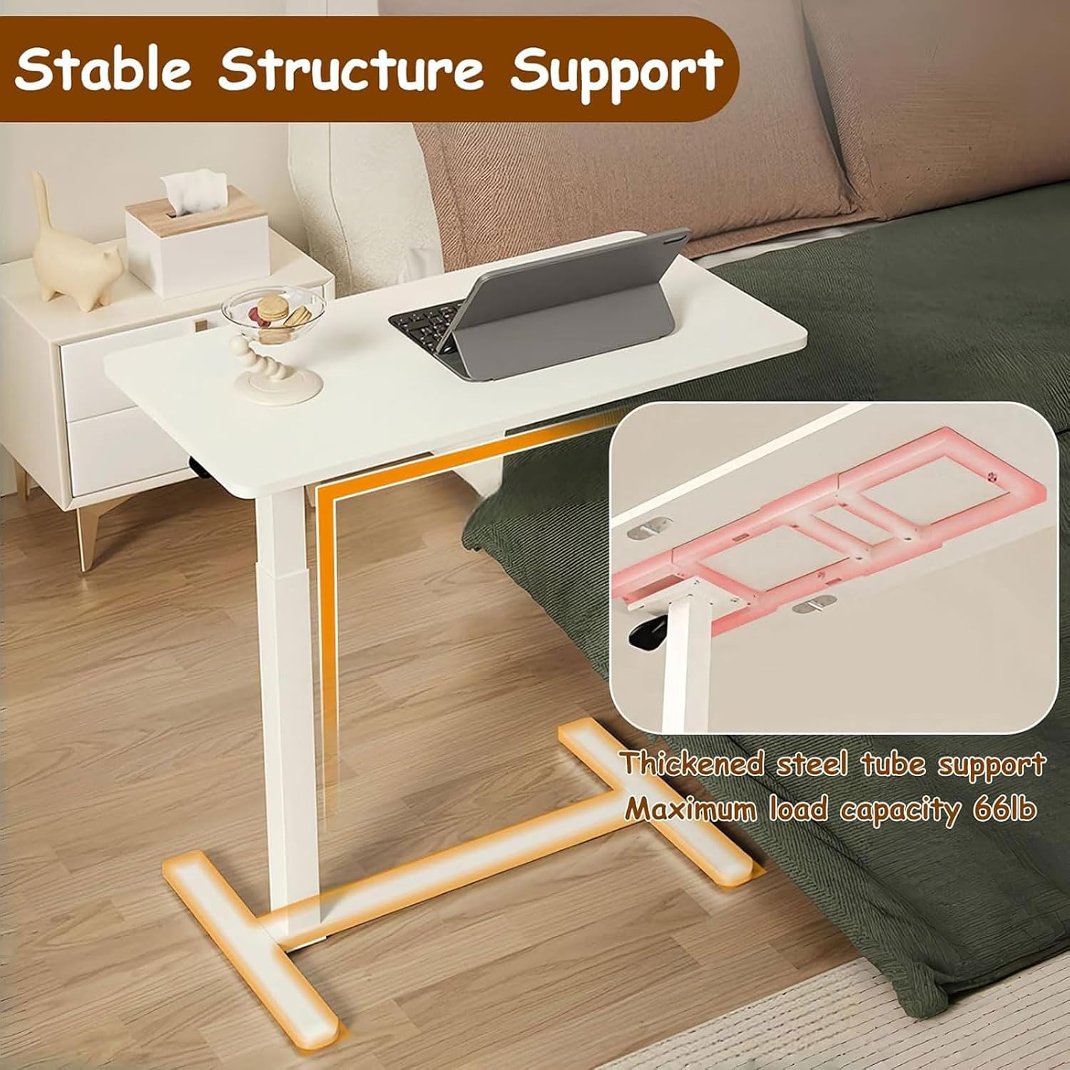 Overbed Bedside Table with Hidden Wheels, Pneumatic Adjustable Height, Foldable Mobile Desk for Hospital and Home Use, Rolling Computer Cart