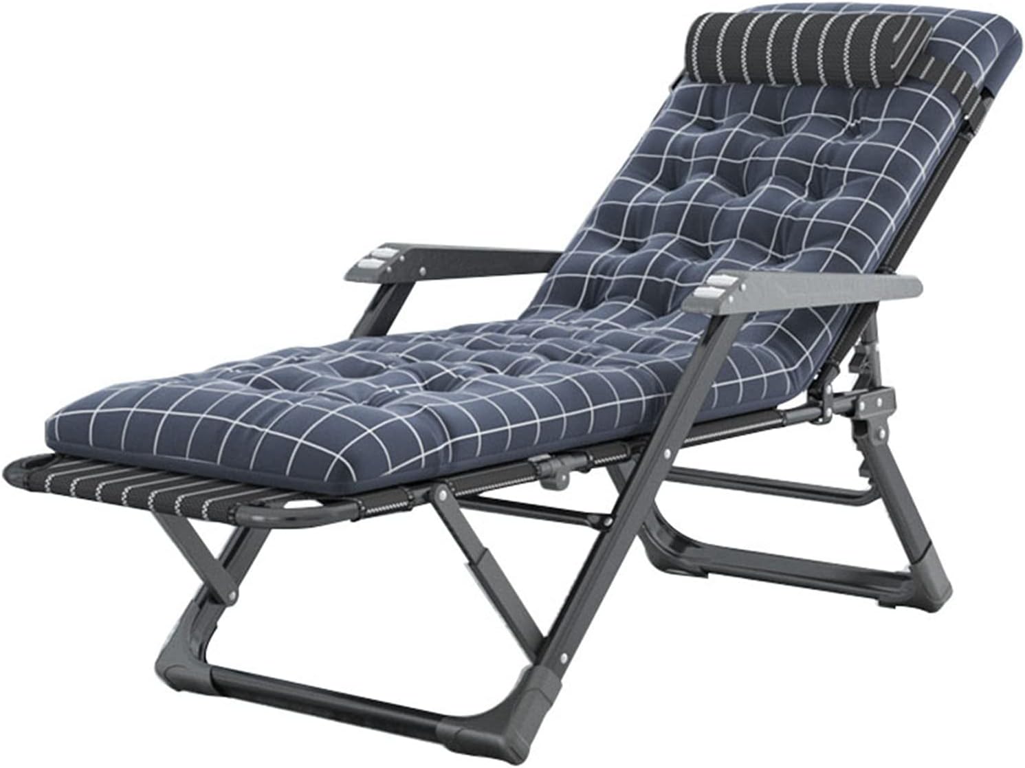 Padded Chair Adjustable Folding Reclining Patio Chair, Lounge Chair with Headrest Removable Pillow, Massage Armrest, Support 550lbs (Recliner+Blue Cushion