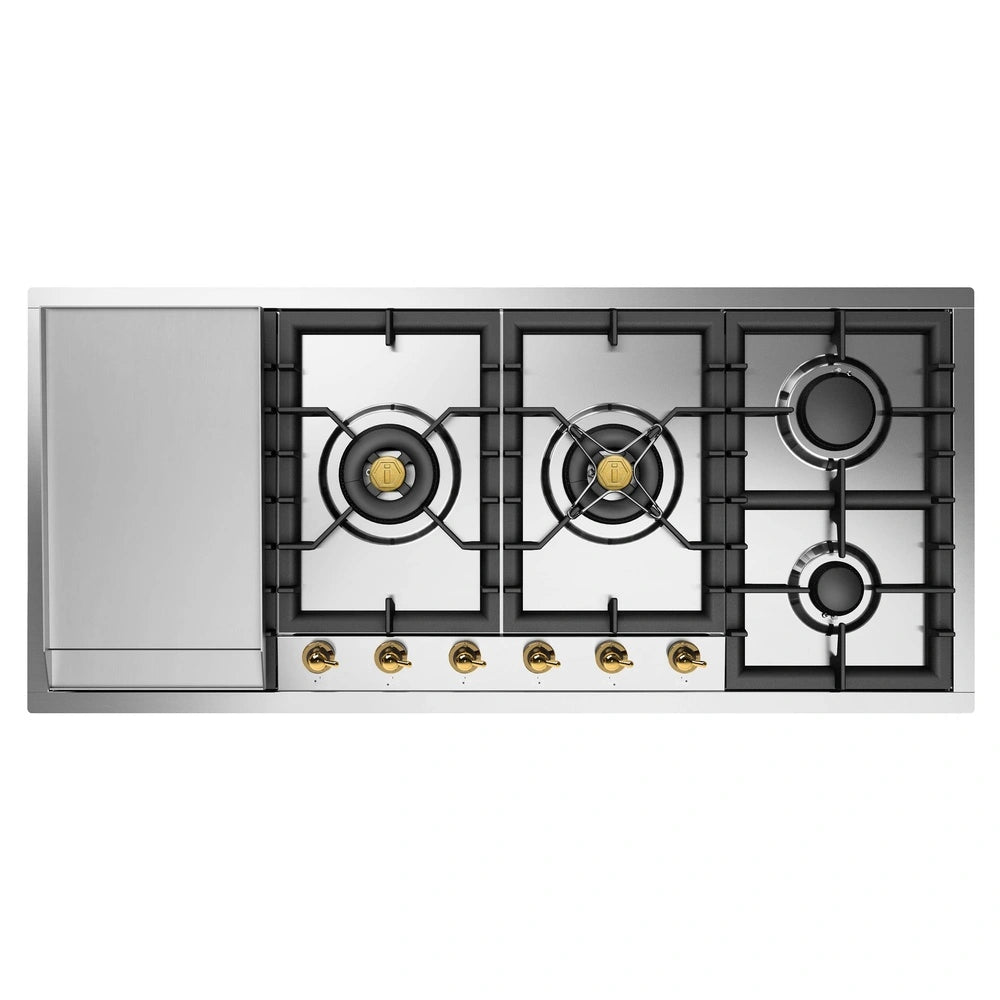 ILVE Nostalgie II 48-Inch Built-In Gas Cooktop with Total Black Brass Burners in Stainless Steel with 6 Sealed Burners & Left Griddle (UHCPT125FNSSG)
