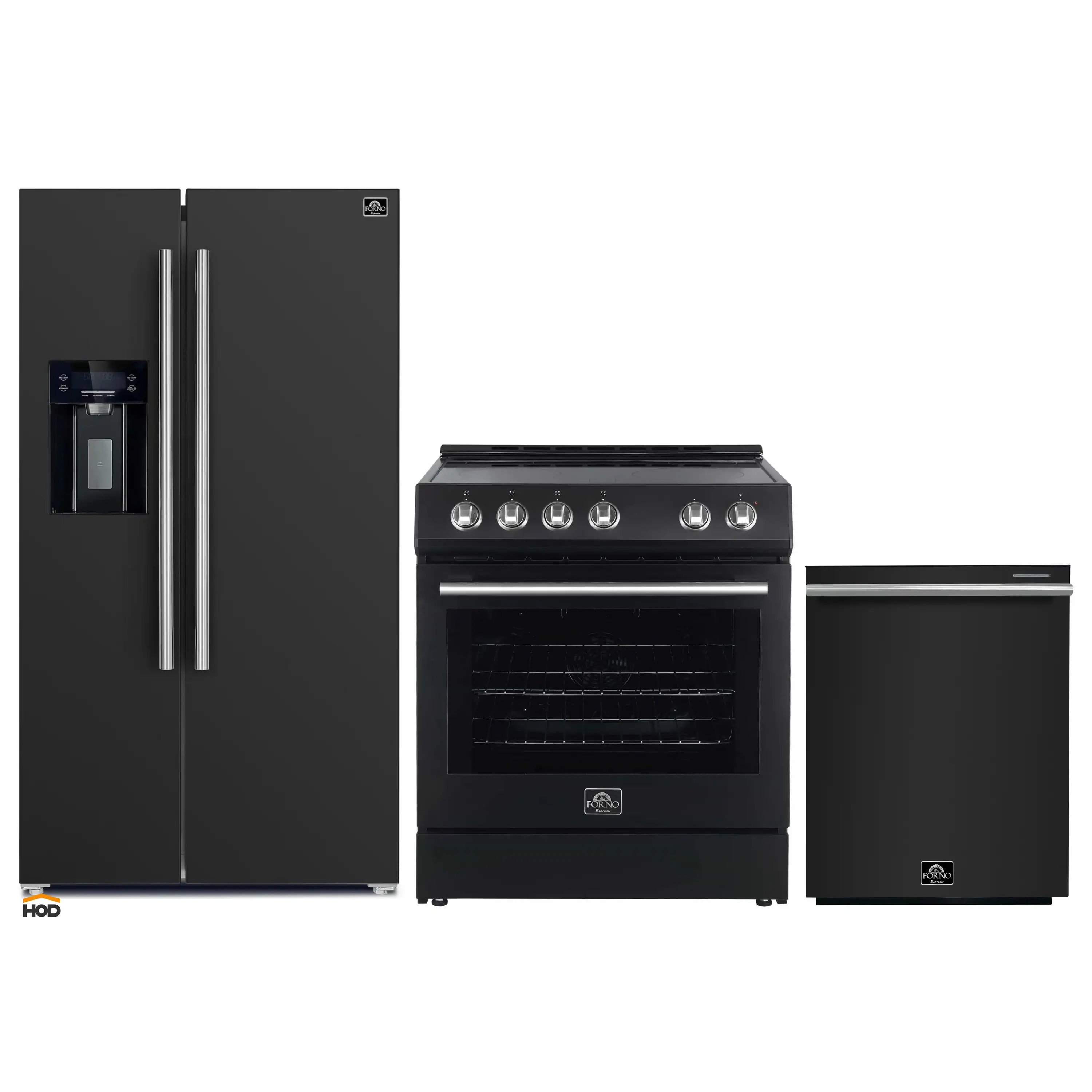 Forno Espresso 3-Piece Appliance Package - 30-Inch Electric Range, Refrigerator with Water Dispenser and Dishwasher in Black with Stainless Steel Trim