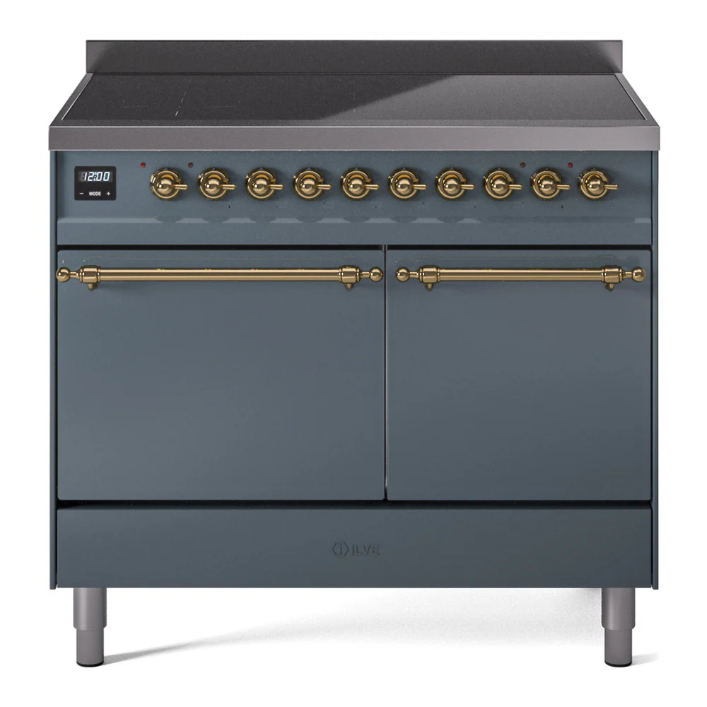 ILVE 40-Inch Nostalgie II Induction Range with Solid Door Oven in Blue Grey with Brass Trim (UPDI406QNMPBGG)