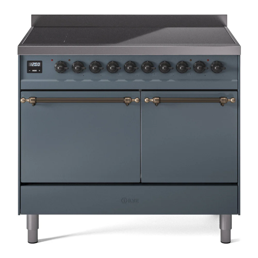 ILVE 40-Inch Nostalgie II Induction Range with Solid Door Oven in Blue Grey with Bronze Trim (UPDI406QNMPBGB)