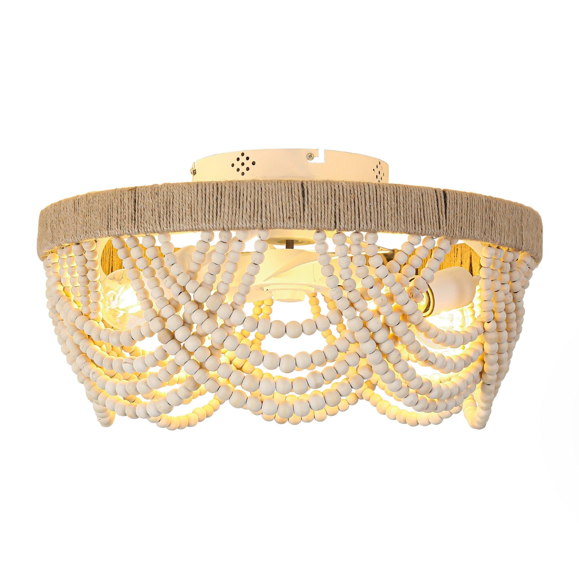 Parrot Uncle 20-Inch White Farmhouse Handmade Wooden Beads Flush Mount Ceiling Fan with APP Remote Control and Lighting (BBF3006)