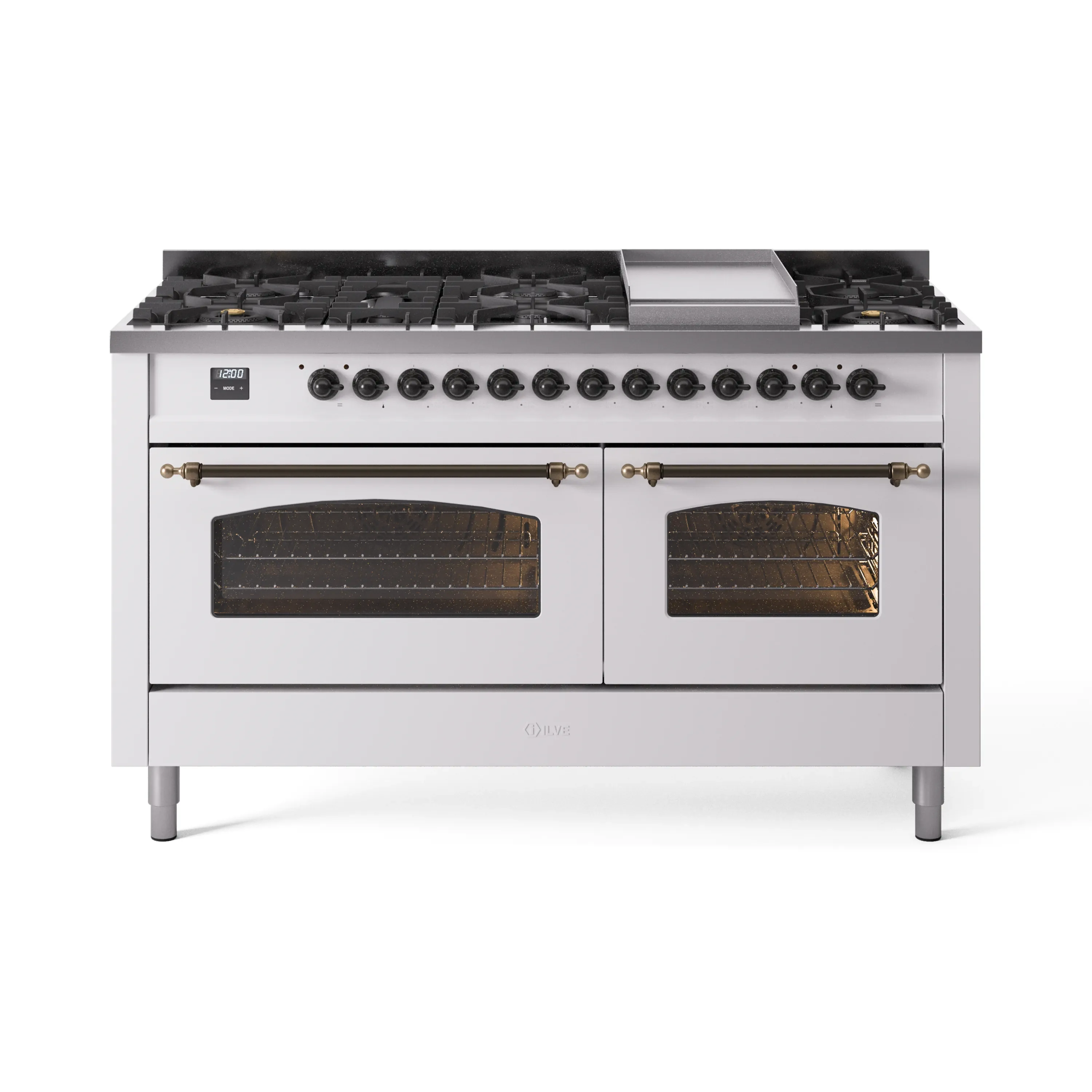 ILVE 60-Inch Nostalgie II Dual Fuel Range with 9 Burners, Griddle and Triple Glass Door Oven in White with Bronze Trim (UP60FNMPWHB)