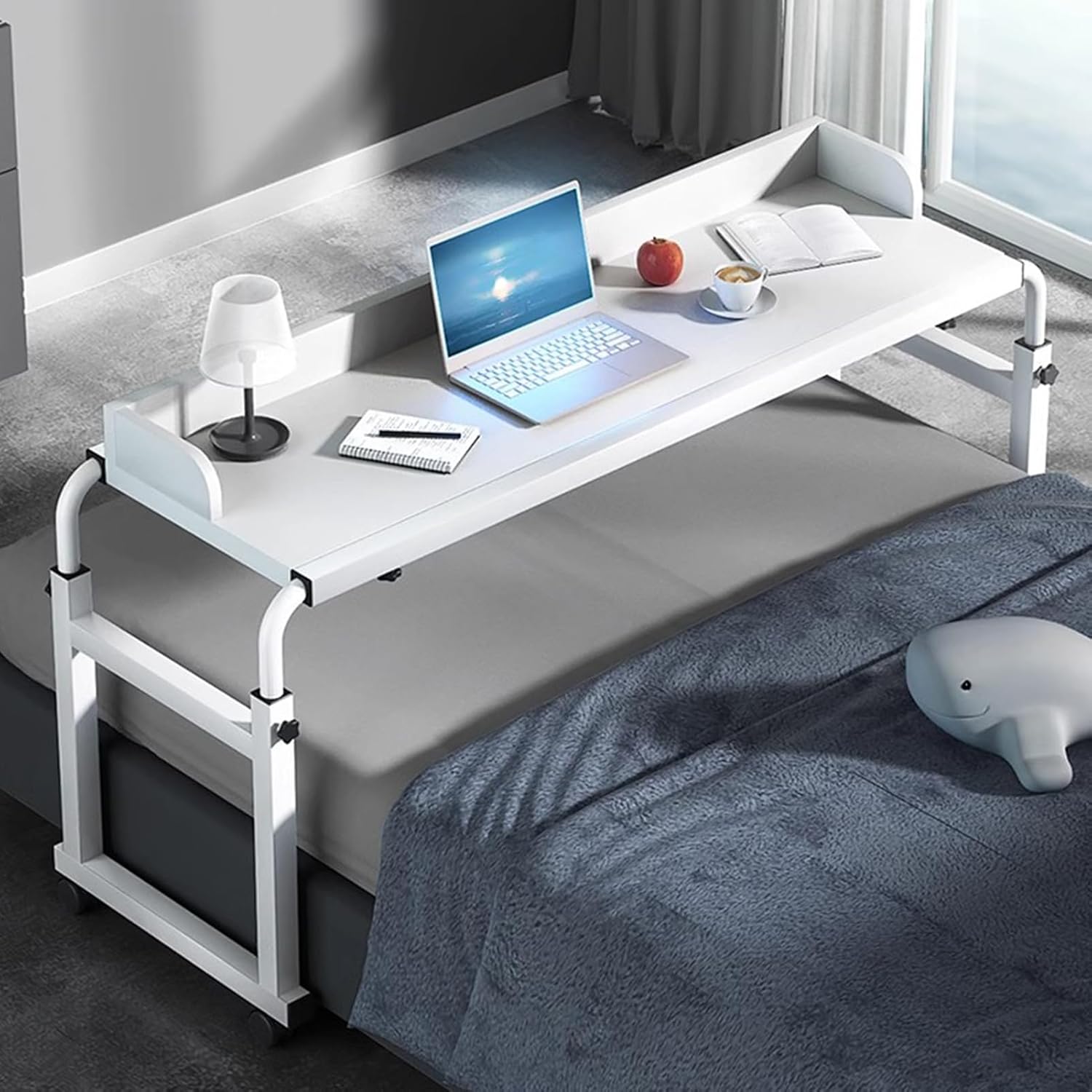 Height Length Adjustable Overbed Table with Wheels - Queen Size Over Bed Desk,Mobile Laptop Cart Rolling Medical Table for Hospital and Home use,350lbs Weight Capacity