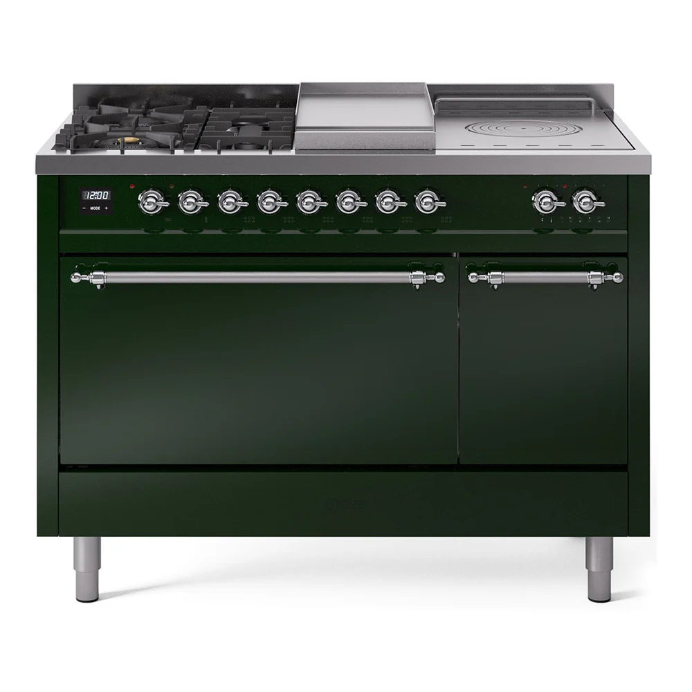ILVE Nostalgie II 48-Inch Dual Fuel Range with 5 Burners, Griddle, & French Top, with Solid Door Oven in Emerald Green with Chrome Trim (UP48FSQNMPEGC)