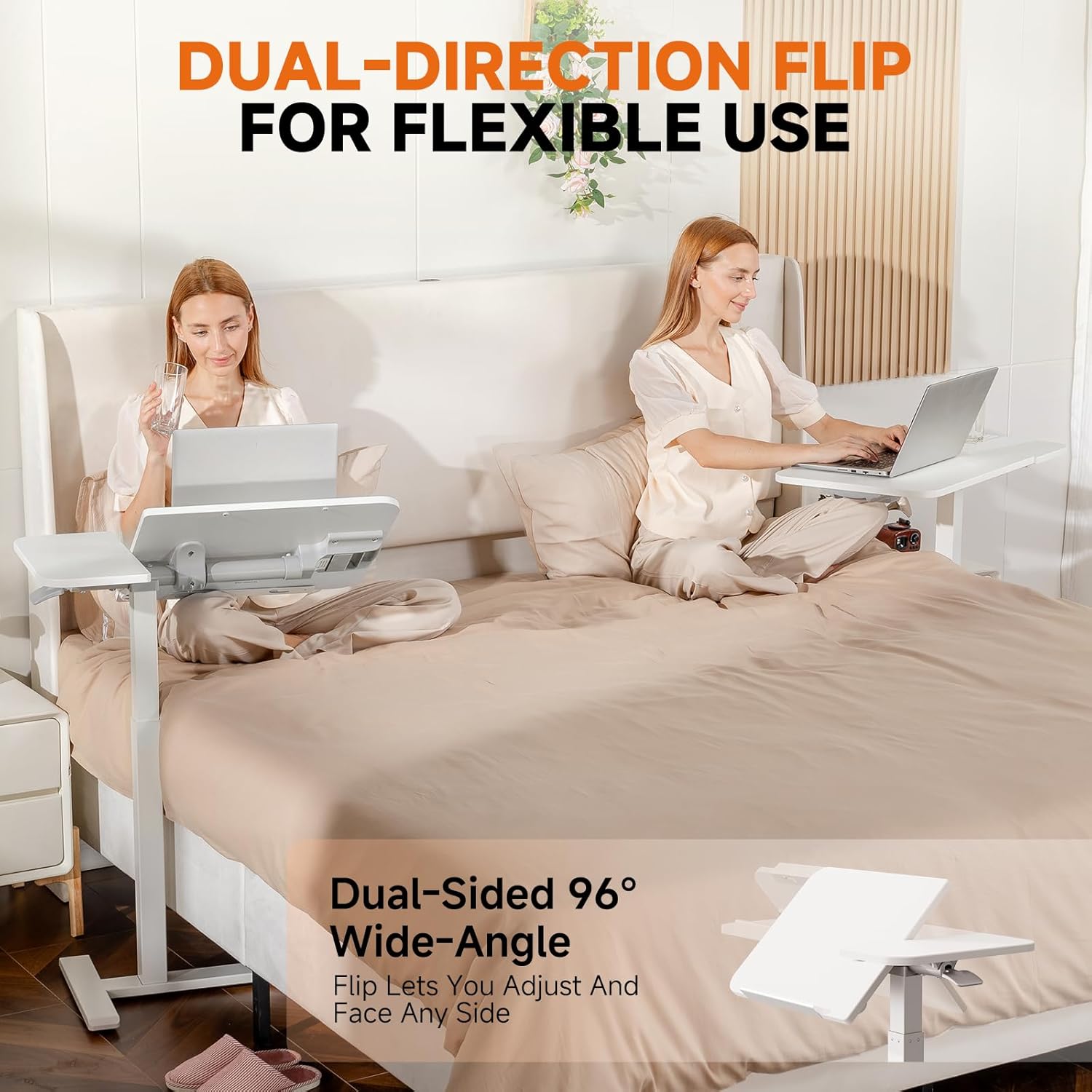 GTRACING Overbed Bedside Table with Wheels,Tiltable Hospital Bed Table Over The Bed, Pneumatic Adjustable Rolling Laptop Desk, Mobile Standing Desk for Hospital and Home Use (White)