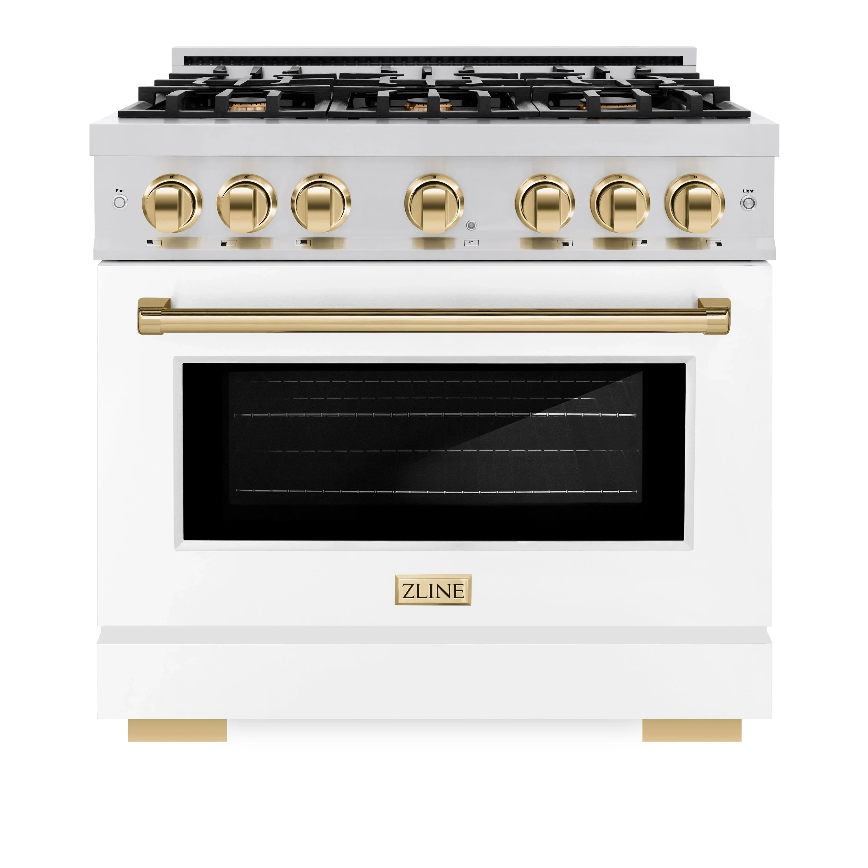 ZLINE Autograph Edition 36-Inch Select Series Dual Fuel Range with 6 Gas Burner Cooktop and 5.2 Cu. Ft. Electric Convection  in Stainless Steel with White Matte Door and Polished Gold Accents (HDRZ-WM-36-G)