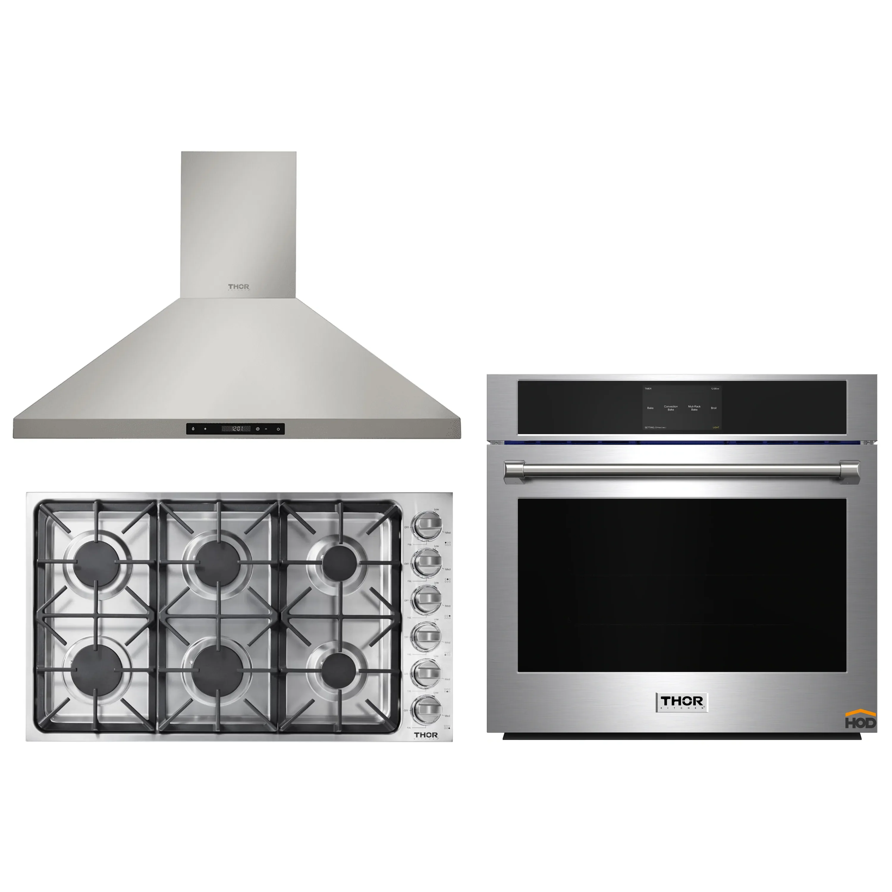 Thor Kitchen 3-Piece Pro Appliance Package - 36-Inch Gas Cooktop, Electric Wall Oven & Wall Mount Hood in Stainless Steel