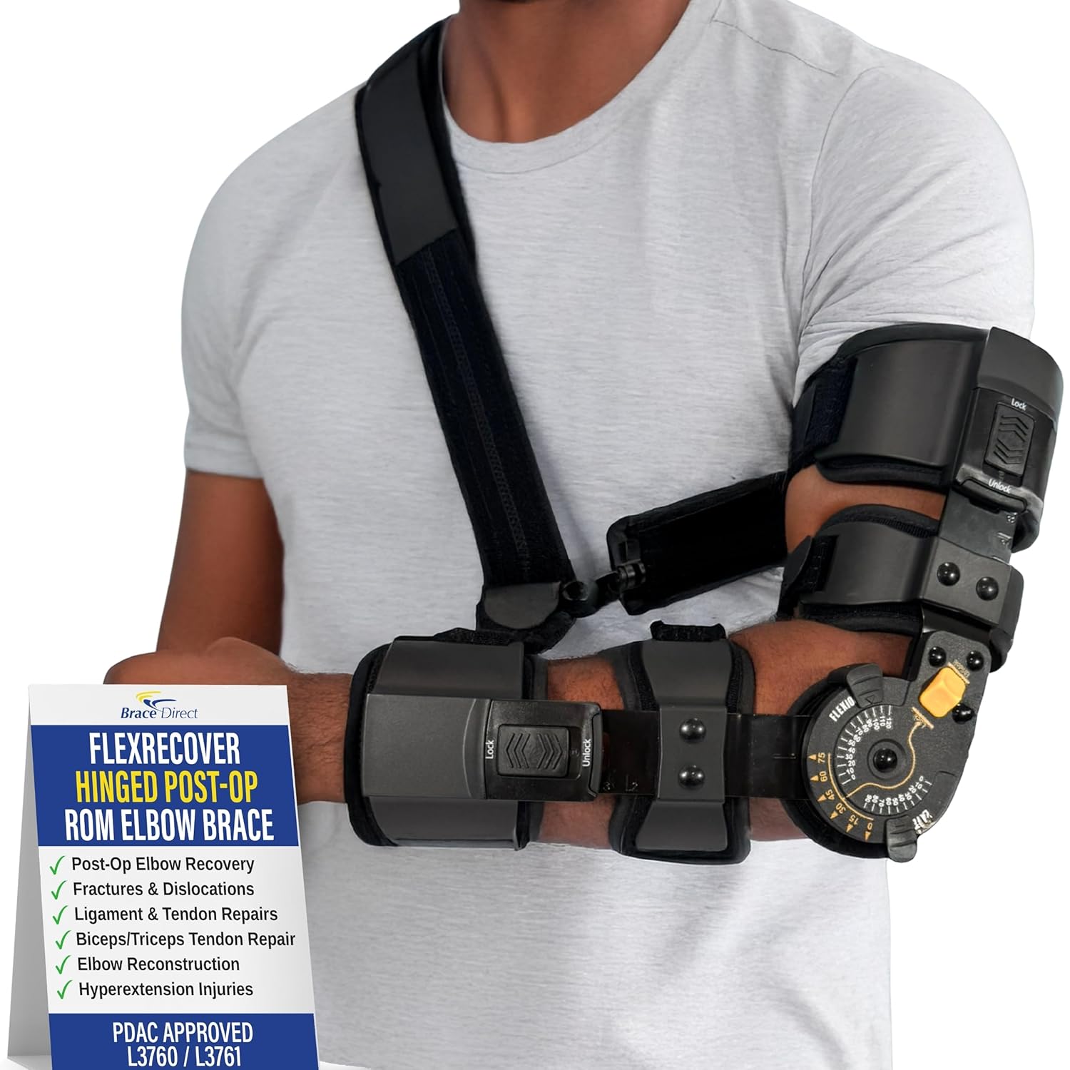 FlexRecover ROM Hinged Elbow Brace - Adjustable Post Op Elbow Stabilizer for Fractures, Ligament & Tendon Repairs, Bicep Repair, and Surgical Recovery - L3761 (Right Arm)