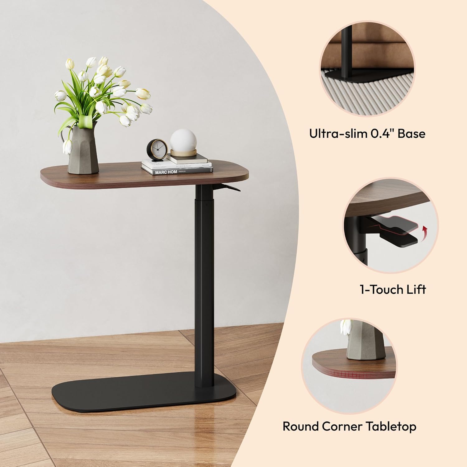 SANODESK Adjustable Overbed Bedside Table Pneumatic Adjustable Height Laptop Computer Standing Desk Cart with Tray, Hospital and Home Use(23.6