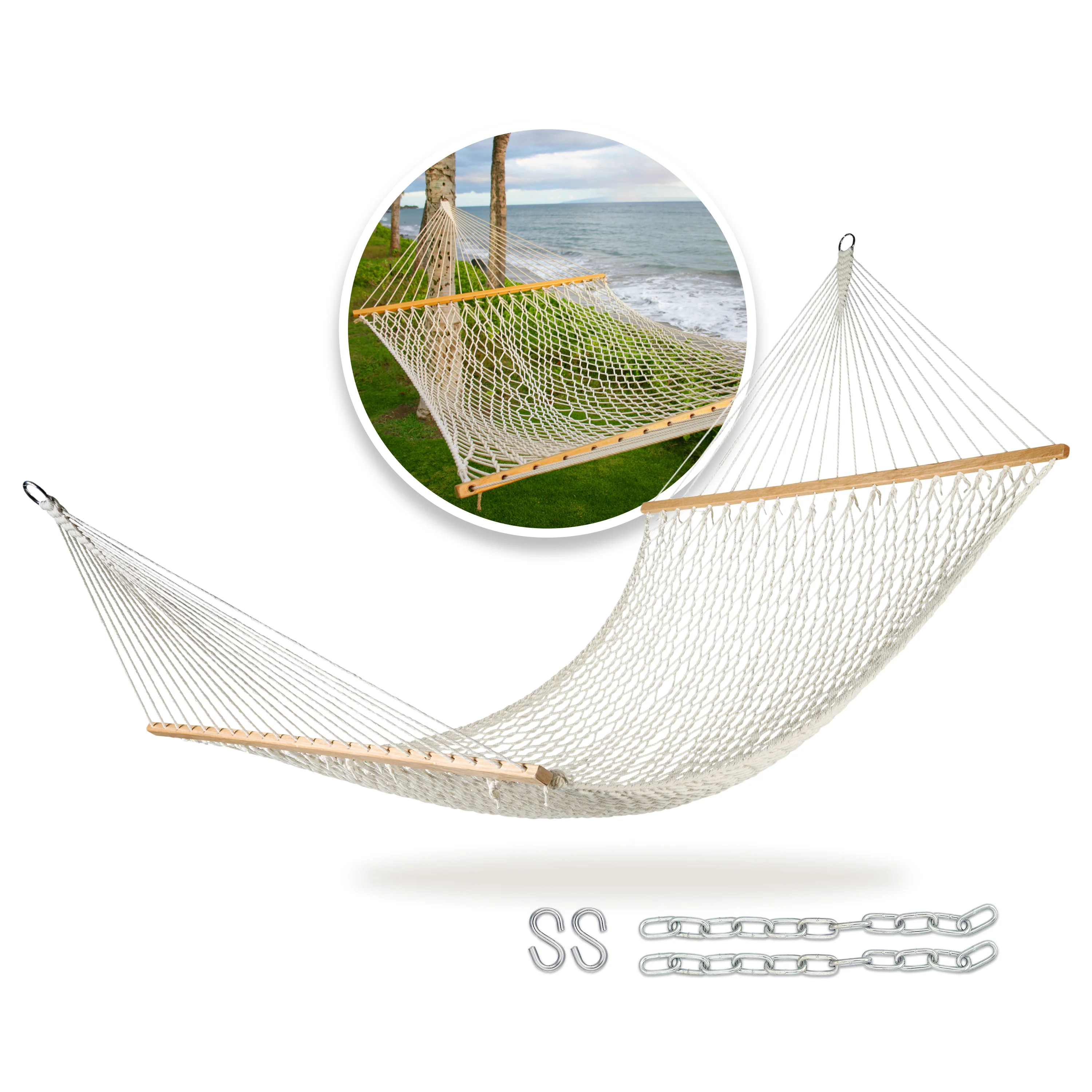 Bliss Hammocks BH-410 Cotton Rope Hammock w/ Spreader Bar & Hanging Hardware | 60-in. Wide | 450 Lb. Capacity (Natural)