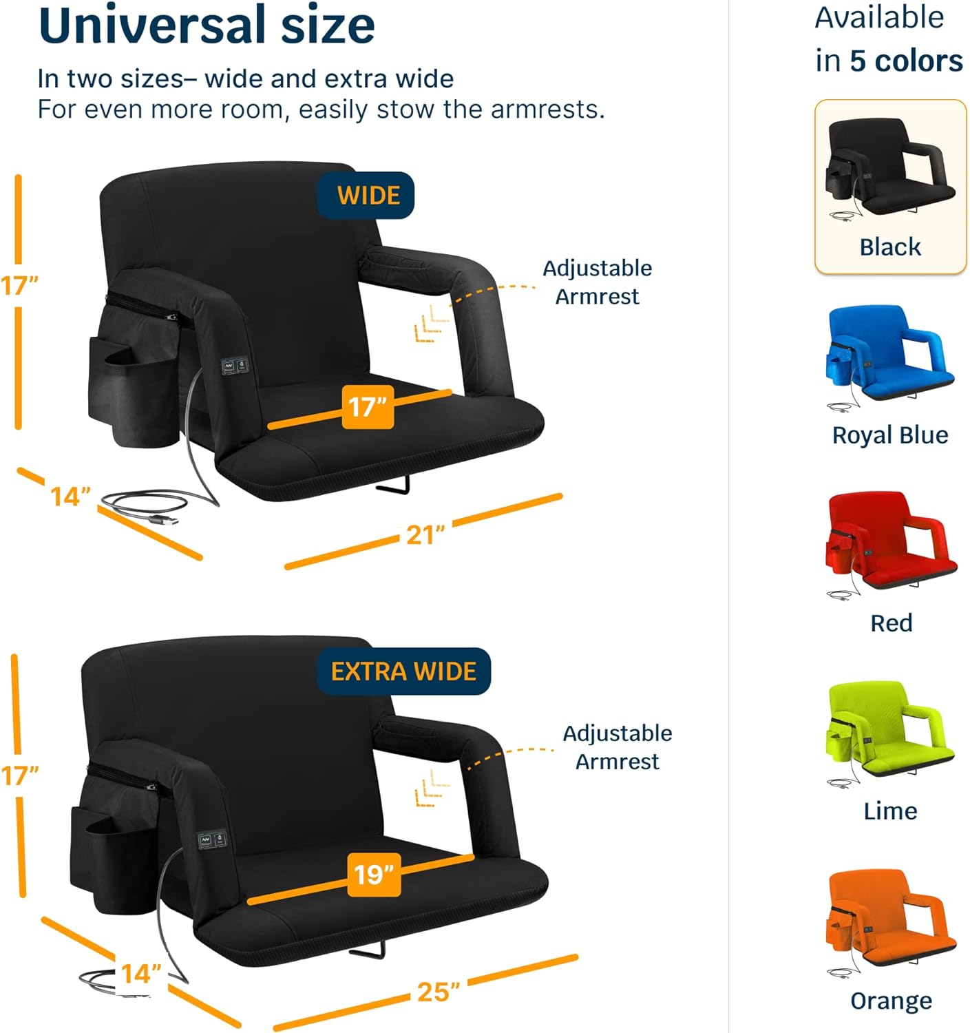 Alpcour Heating Massage Stadium Seat – Deluxe Extra-Wide Reclining Bleacher Chair with Back & Arm Support – Built-in Heater and Massager - Extra Thick, Lightweight & Waterproof (Extra Wide)