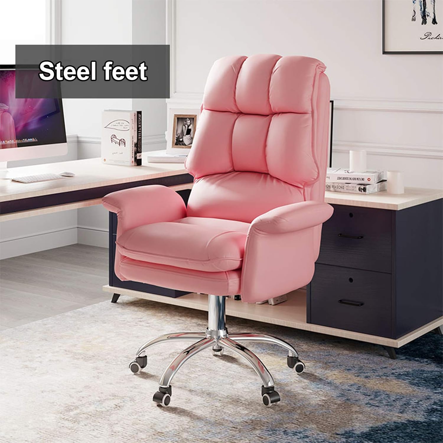 Adjustable Computer Chair High Back Office Desk Chair Lumbar Support Upholstered PU Leather Cushion with Armrests (Pink