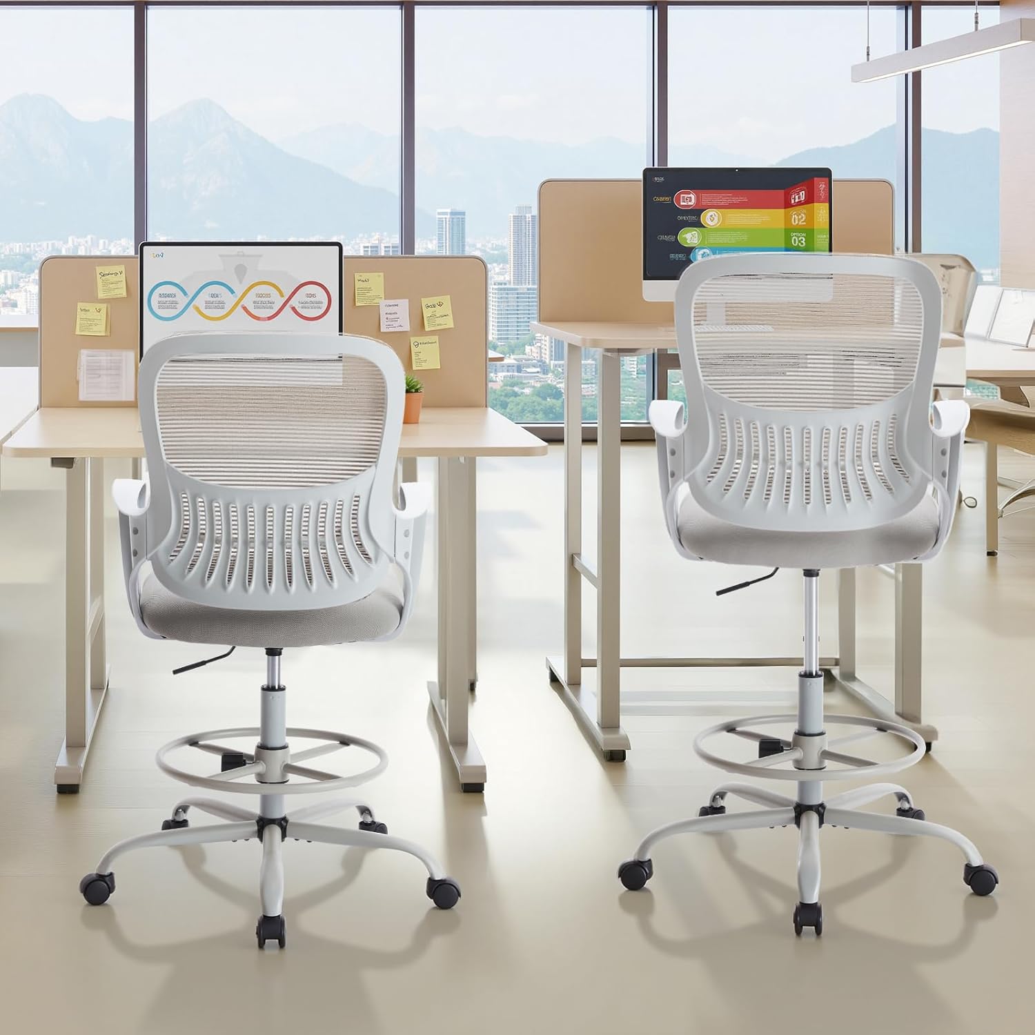 Sweetcrispy Tall Drafting Desk Chair - Ergonomic High Stool Computer with Adjustable Height and Comfy Lumbar Support, Office Rolling Counter with Flixed Arms and Footrest, Grey