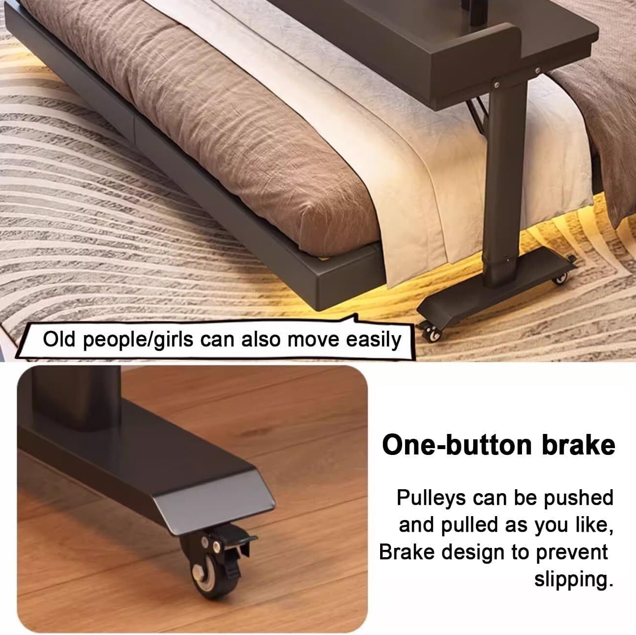 Overbed Table with 360° Wheels, Movable Cross Bed Office Desk, Height Adjustable, Vertical Workstation Laptop Desk, for Bedroom, Hospital