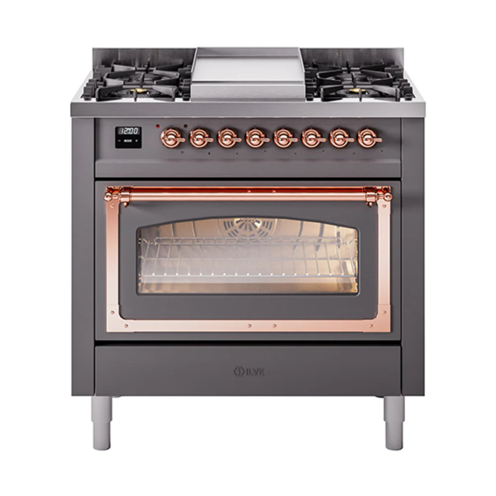 ILVE Nostalgie II Noblesse 36-Inch Dual Fuel Range and Triple Glass Door in Matte Graphite with Copper Trim (UN36FNMPMGP)