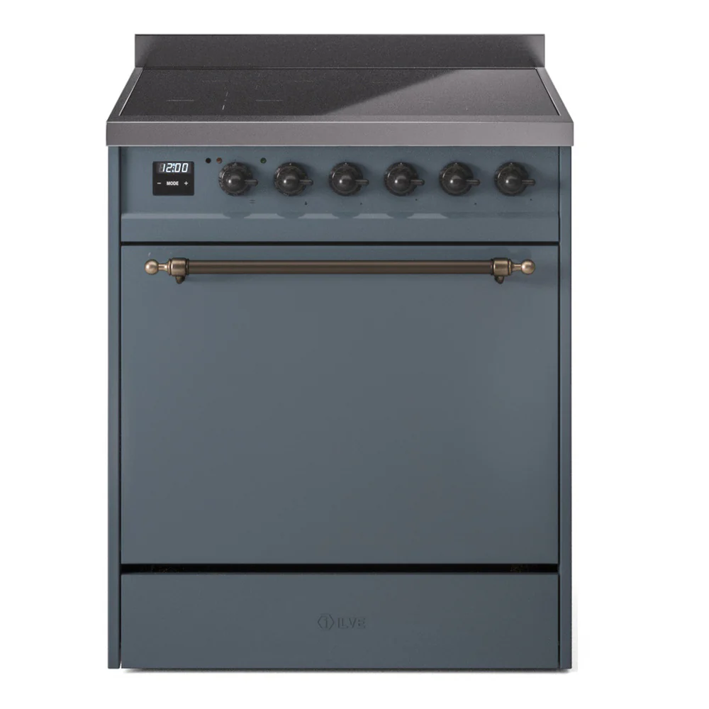 ILVE 30-Inch Nostalgie II Induction Range with Solid Door Oven in Blue Grey with Bronze Trim (UPI304QNMPBGB)